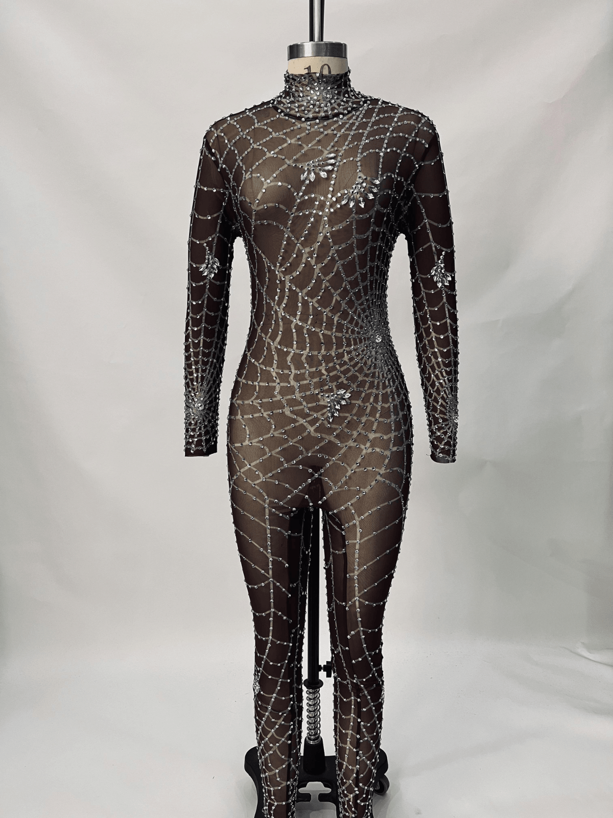 Çikolata Renkli Octavia Ağı Tül Baskılı Süslemeli Tulum