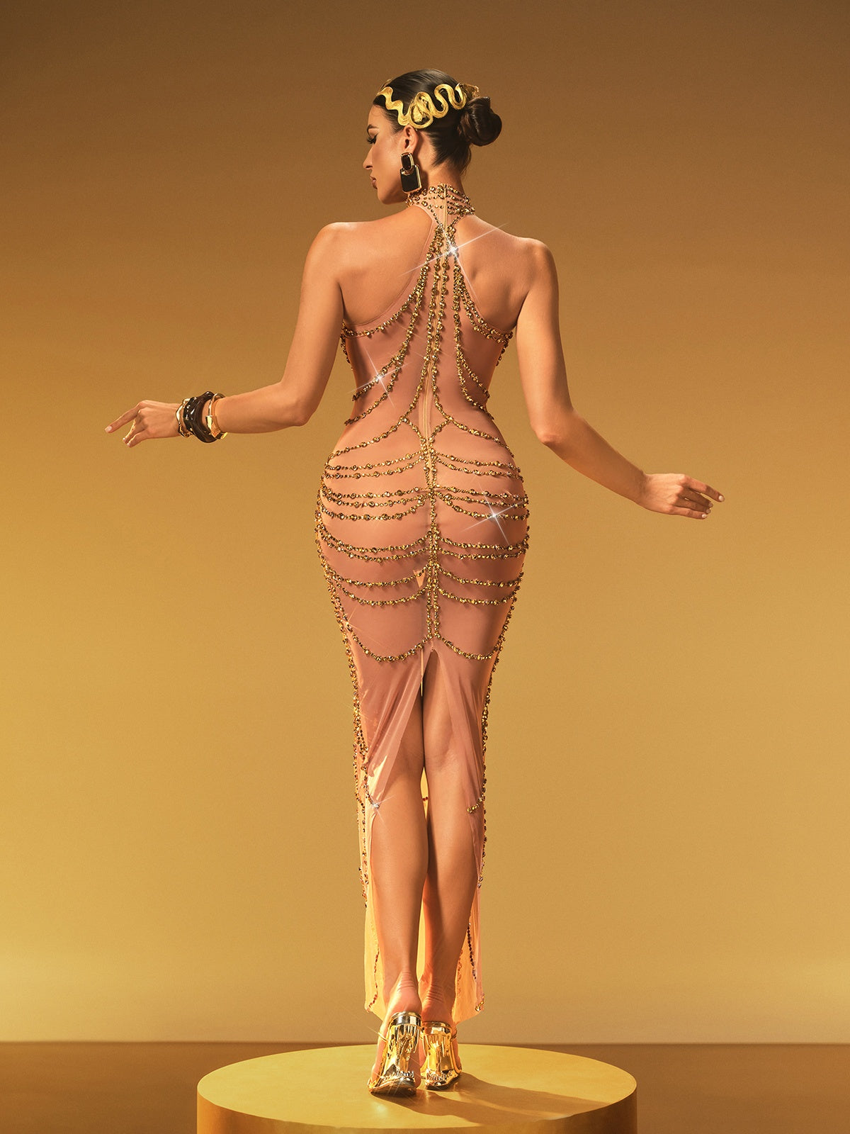 Olisa Halter Yaka Taşlı Maxi Elbise - Ten Rengi