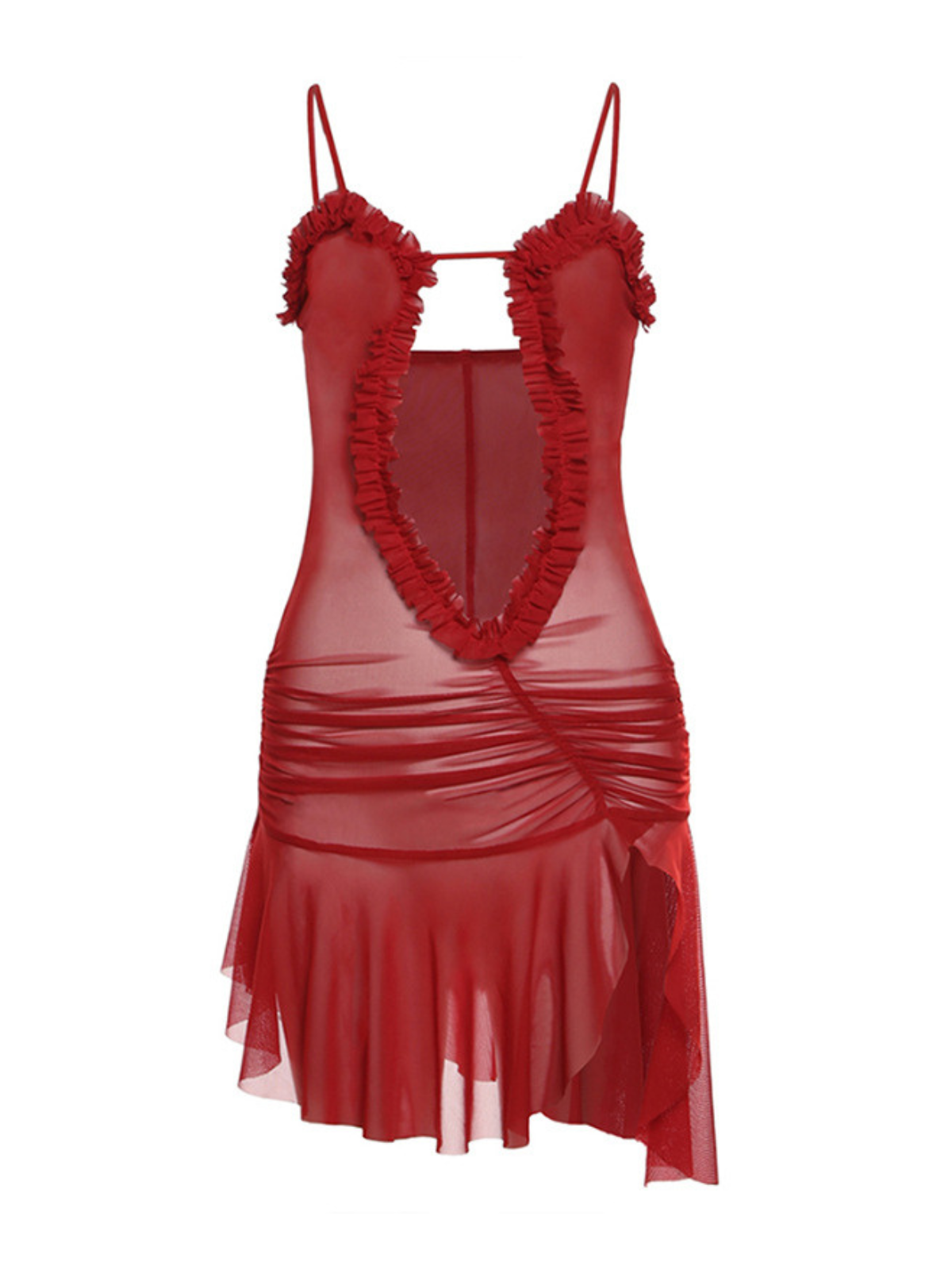 Olivier Fırfırlı Desenli File Elbise Kırmızı