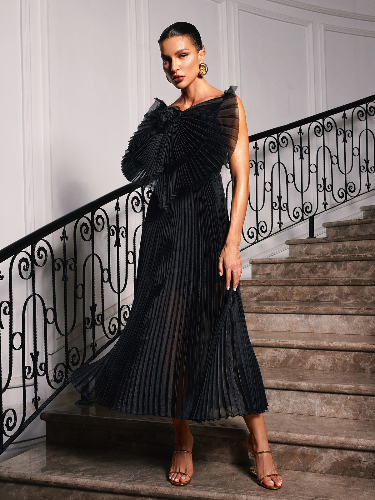 Olwen Spagetti Kurdele Çiçek Ruched Elbise