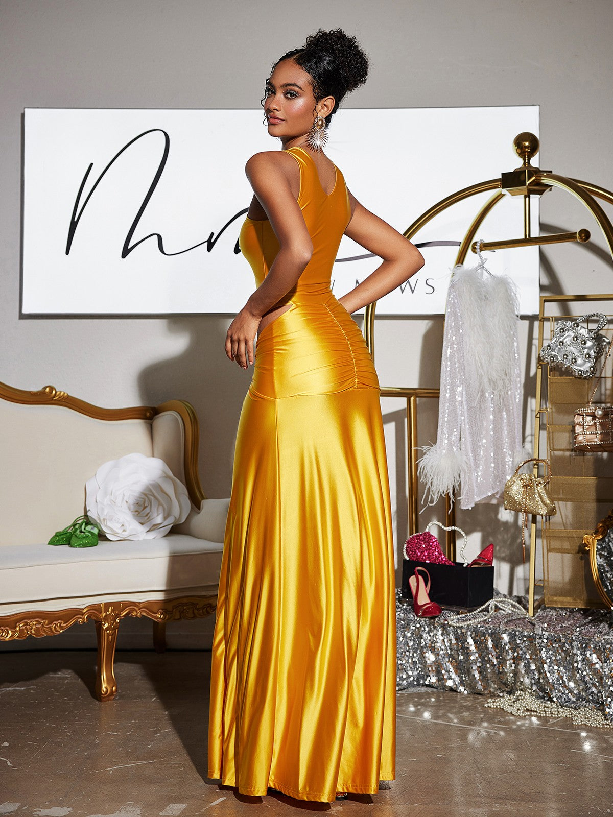 Panya Kristal Kesim Saten Maxi Elbise