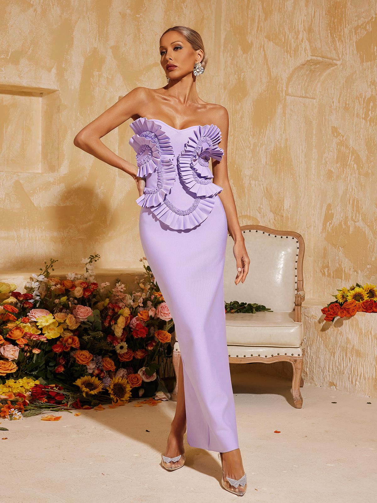 Petulah Straplez Fırfırlı Bandaj Maxi Elbise