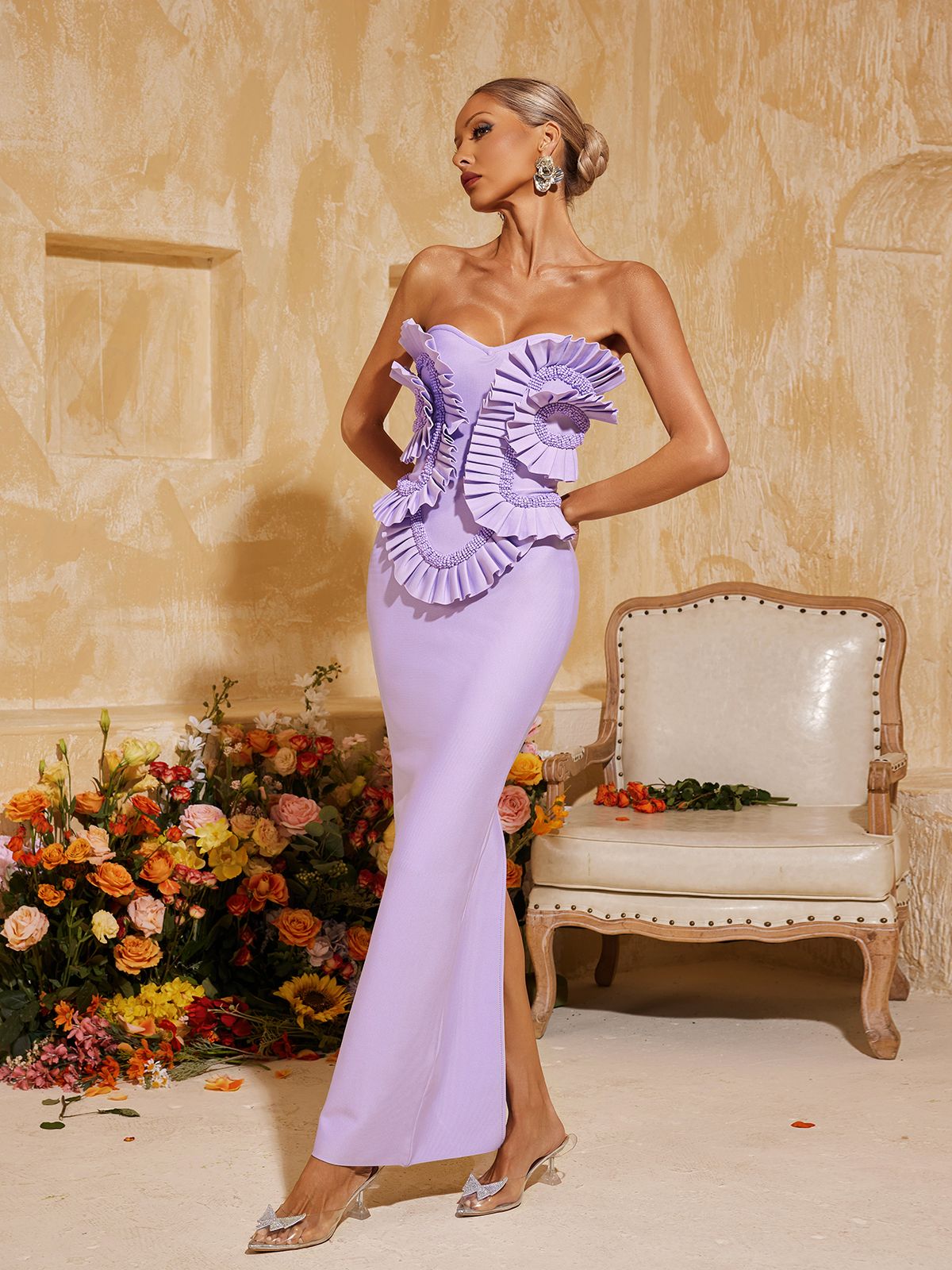 Petulah Straplez Fırfırlı Bandaj Maxi Elbise