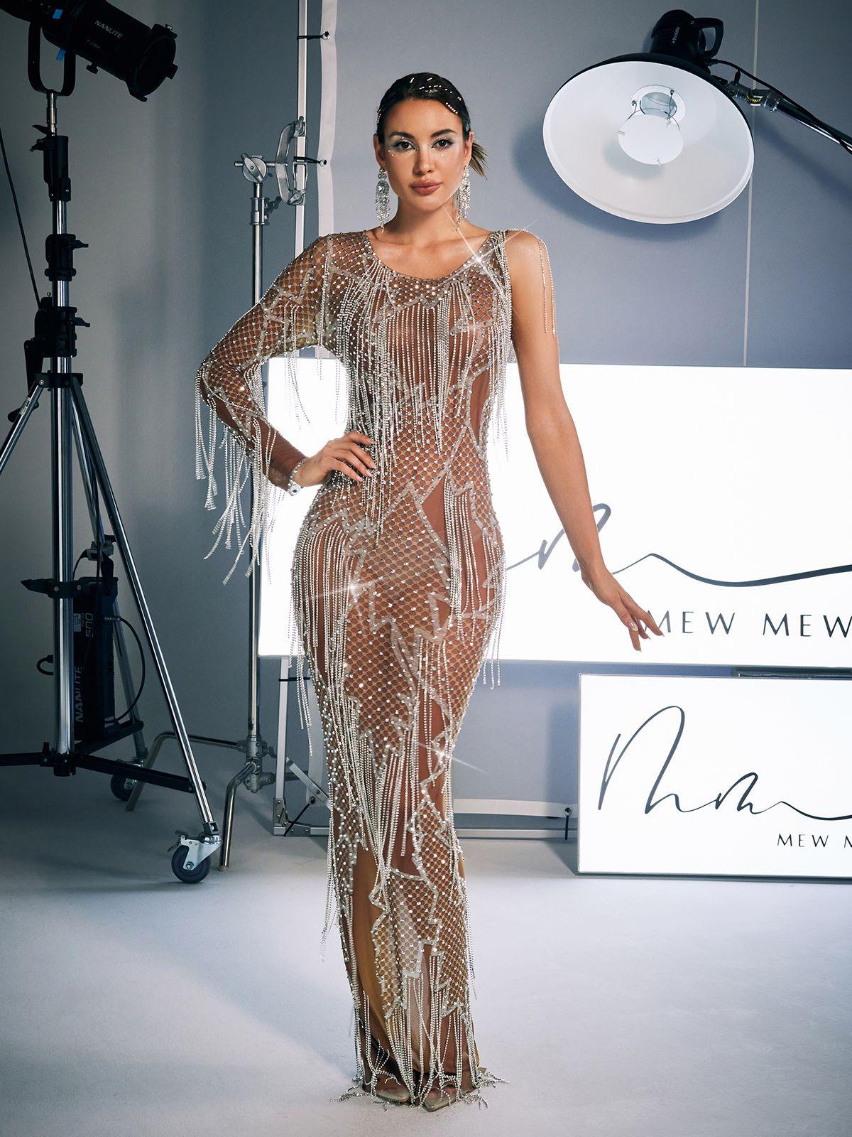 Quentin Baskılı Rhinestone Fringed Maxi Elbise