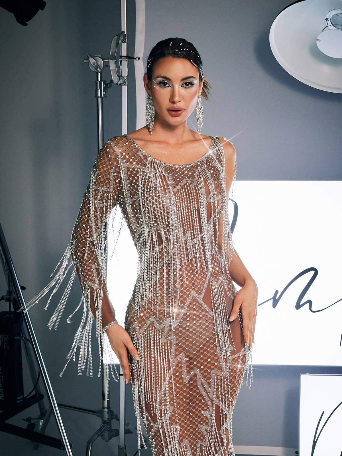 Quentin Baskılı Rhinestone Fringed Maxi Elbise