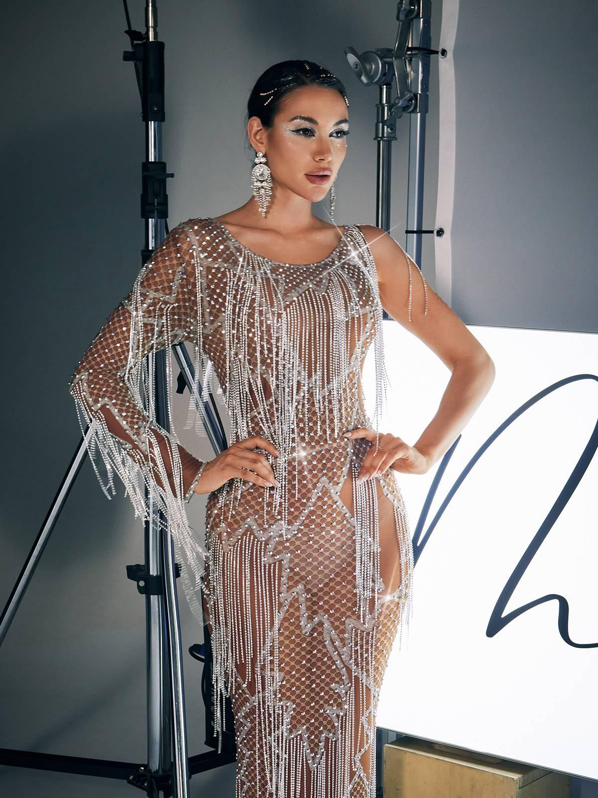 Quentin Baskılı Rhinestone Fringed Maxi Elbise