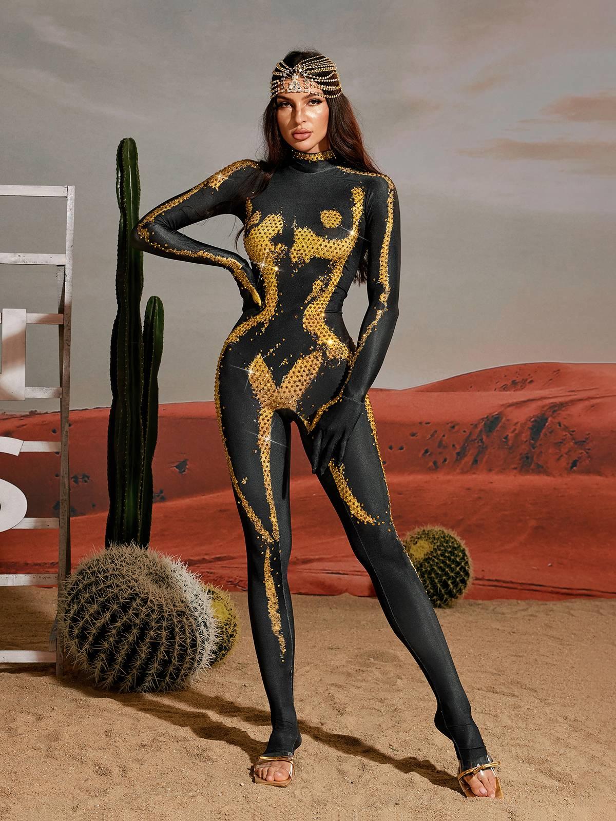 Radek Vücut Baskılı Rhinestone Eldiven Tulum Altın