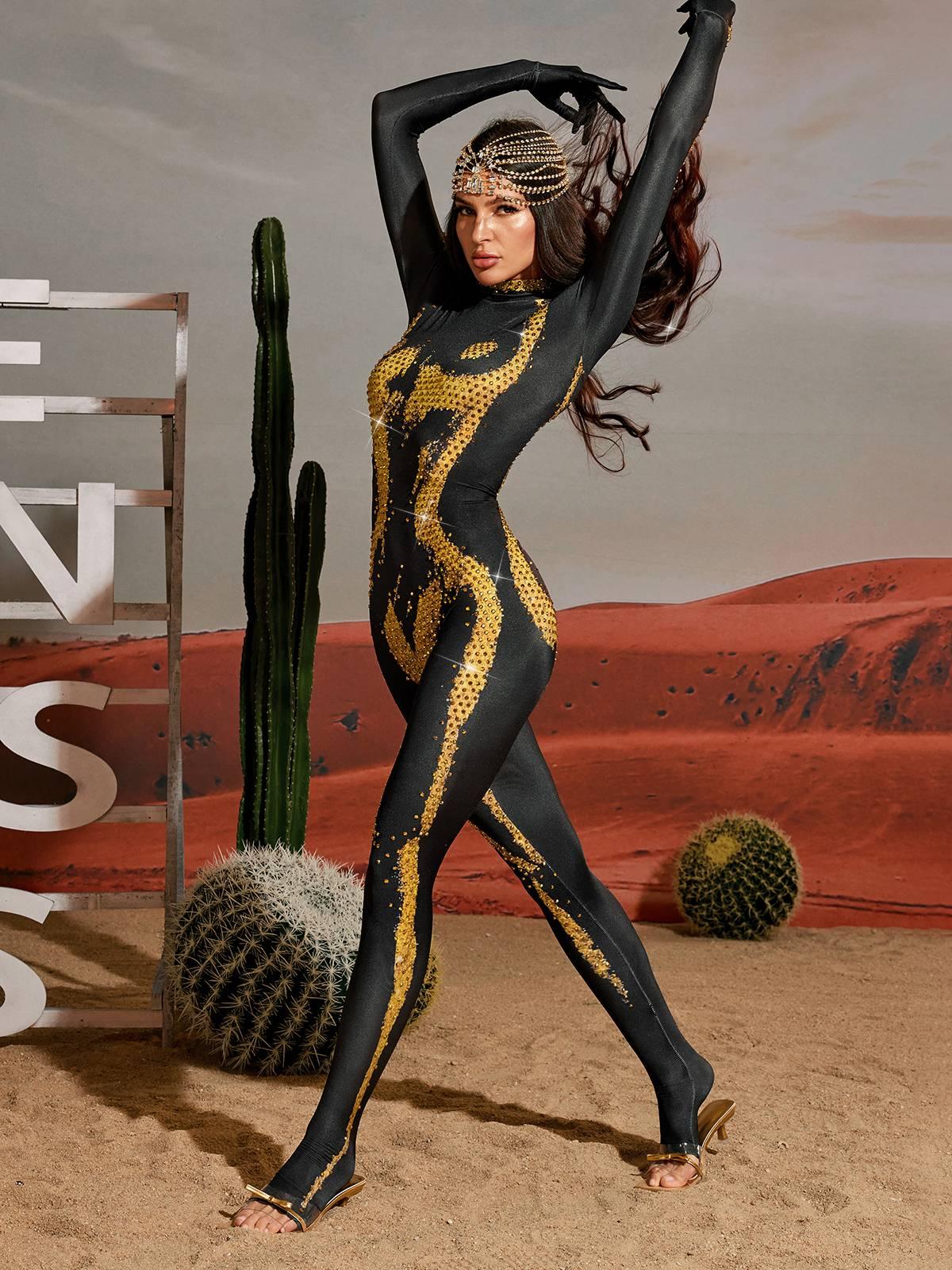 Radek Vücut Baskılı Rhinestone Eldiven Tulum Altın