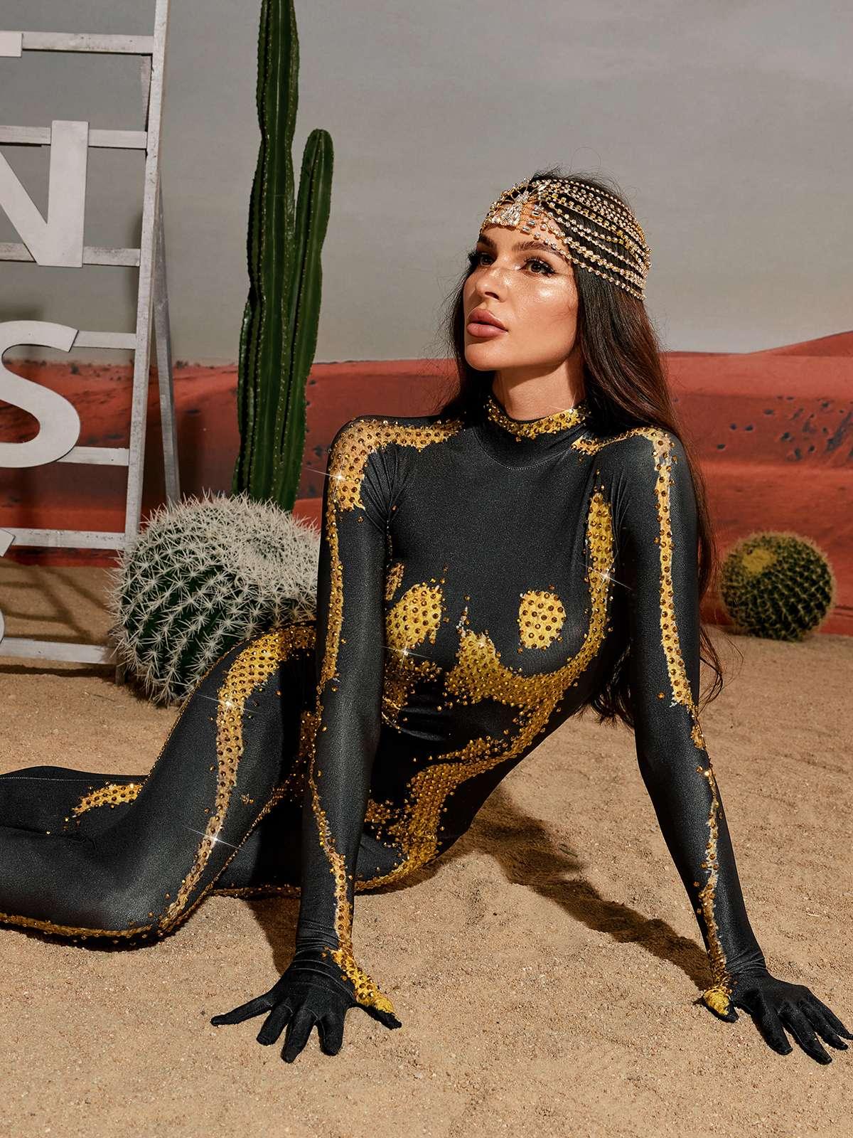 Radek Vücut Baskılı Rhinestone Eldiven Tulum Altın