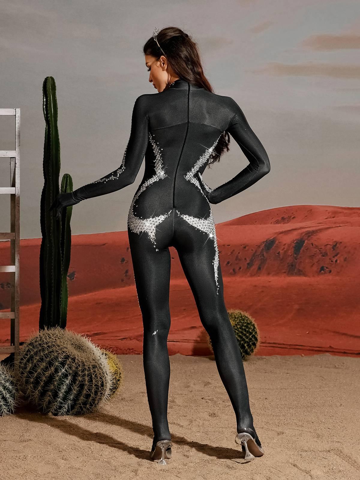 Radek Vücut Baskılı Rhinestone Eldiven Tulum Gümüş