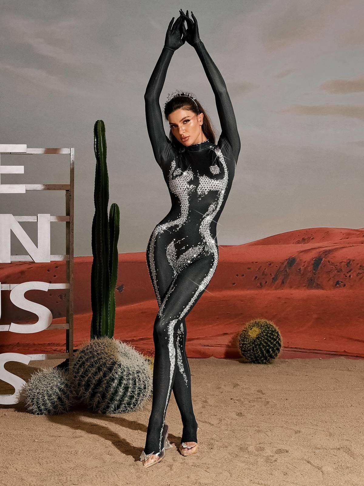 Radek Vücut Baskılı Kristal Eldivenli Tulum Gümüş