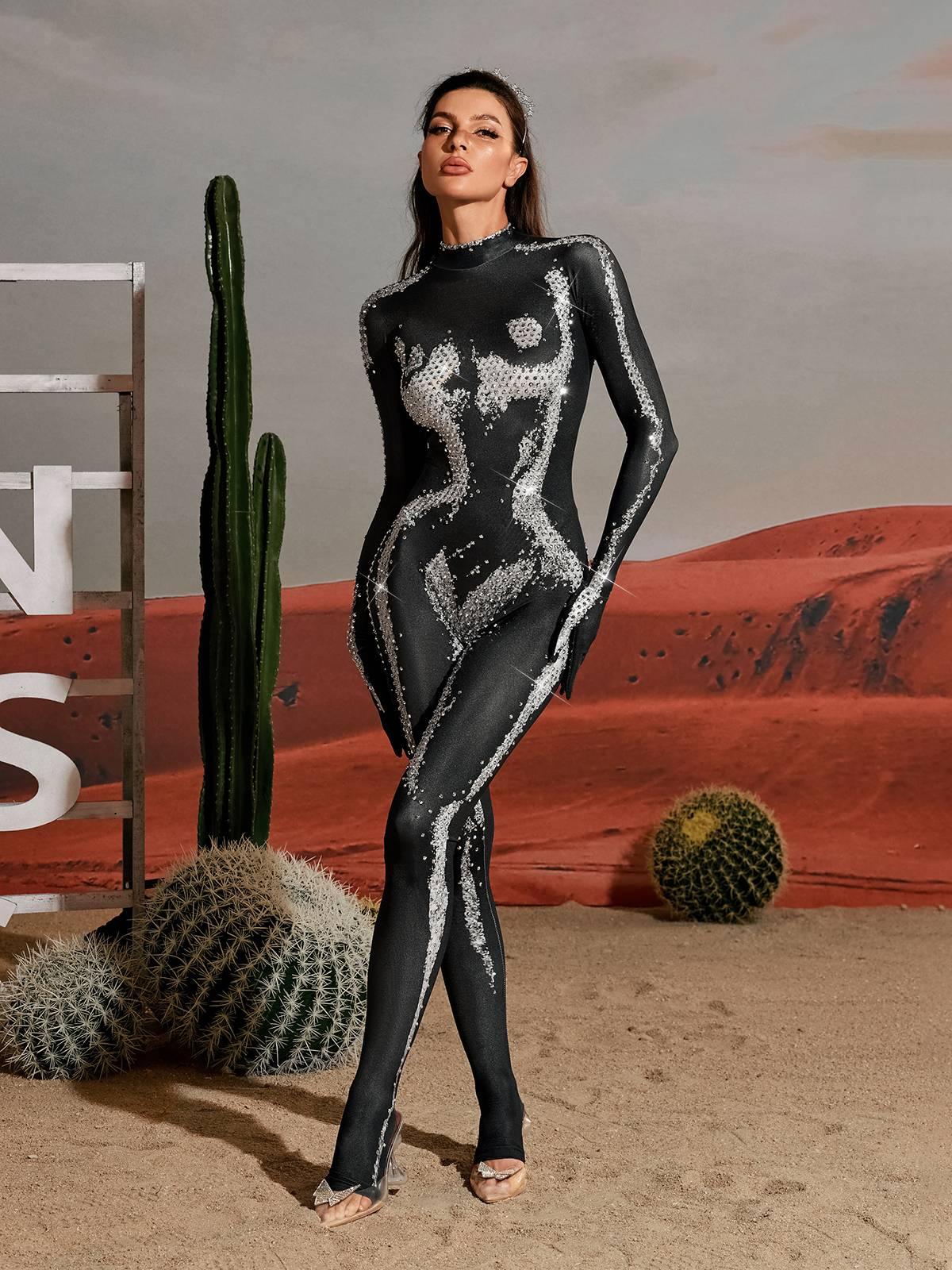 Radek Vücut Baskılı Kristal Eldivenli Tulum Gümüş