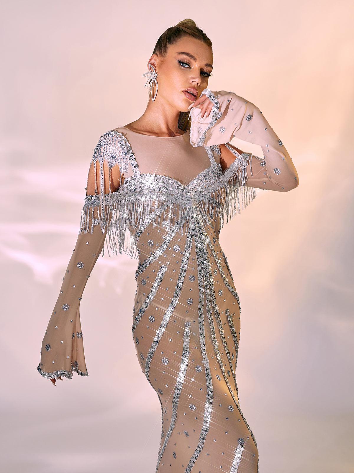 Reagan Uzun Kollu Payetli File Maxi Elbise