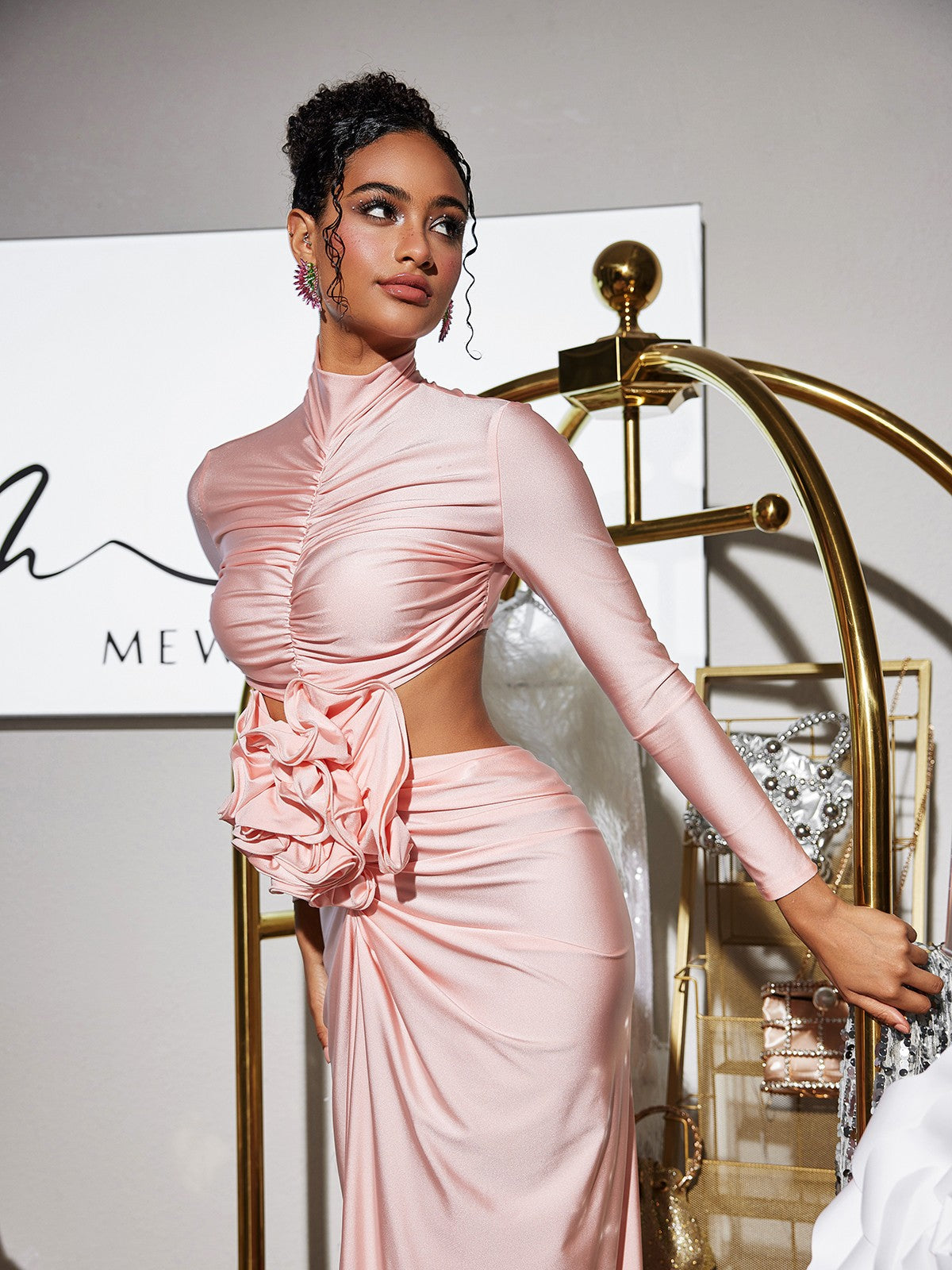 Renwick Uzun Kollu Çiçek Kesim Maxi Elbise Pembe