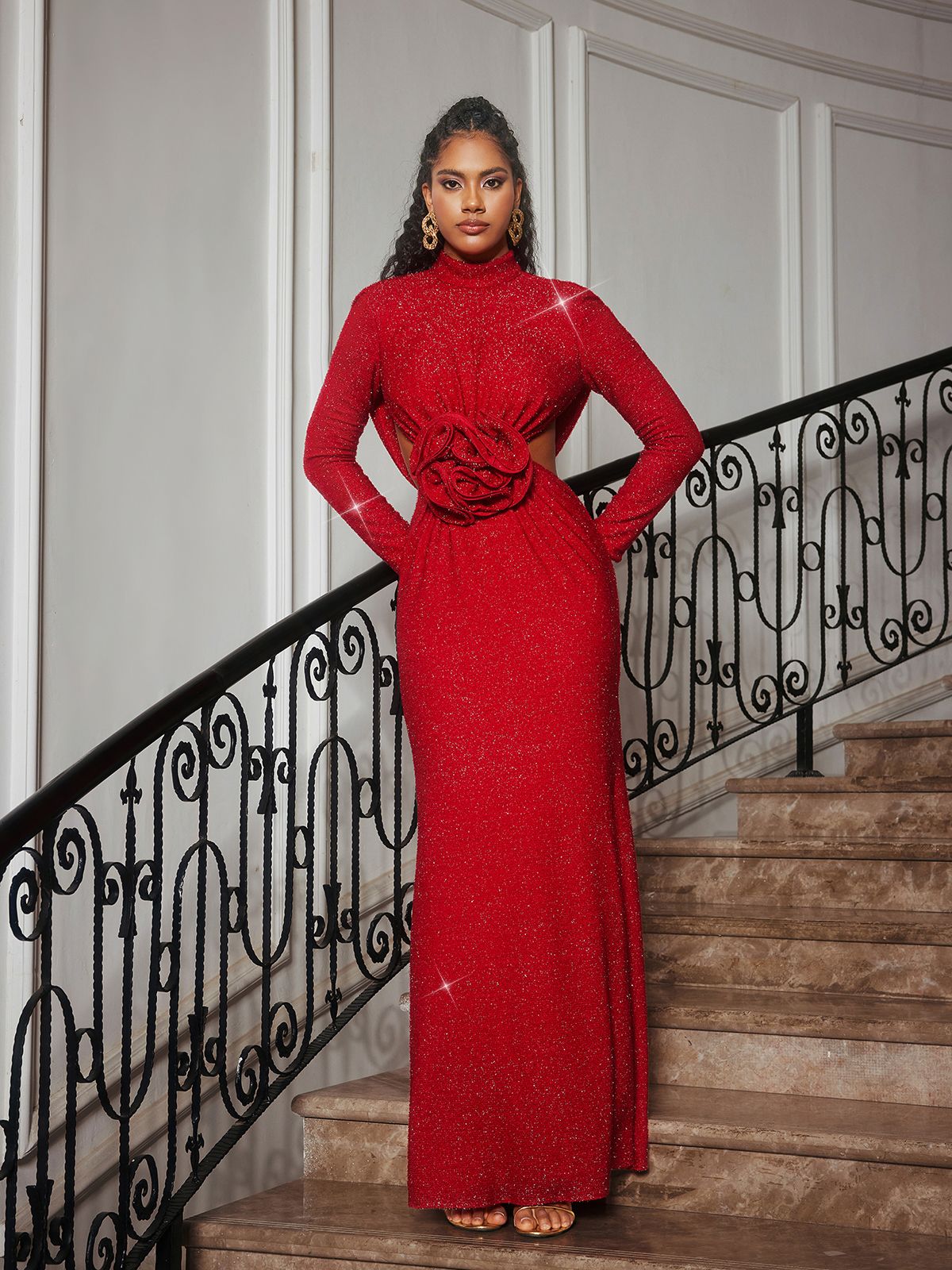 Renwick Uzun Kollu Simli Çiçek Kesik Elbise