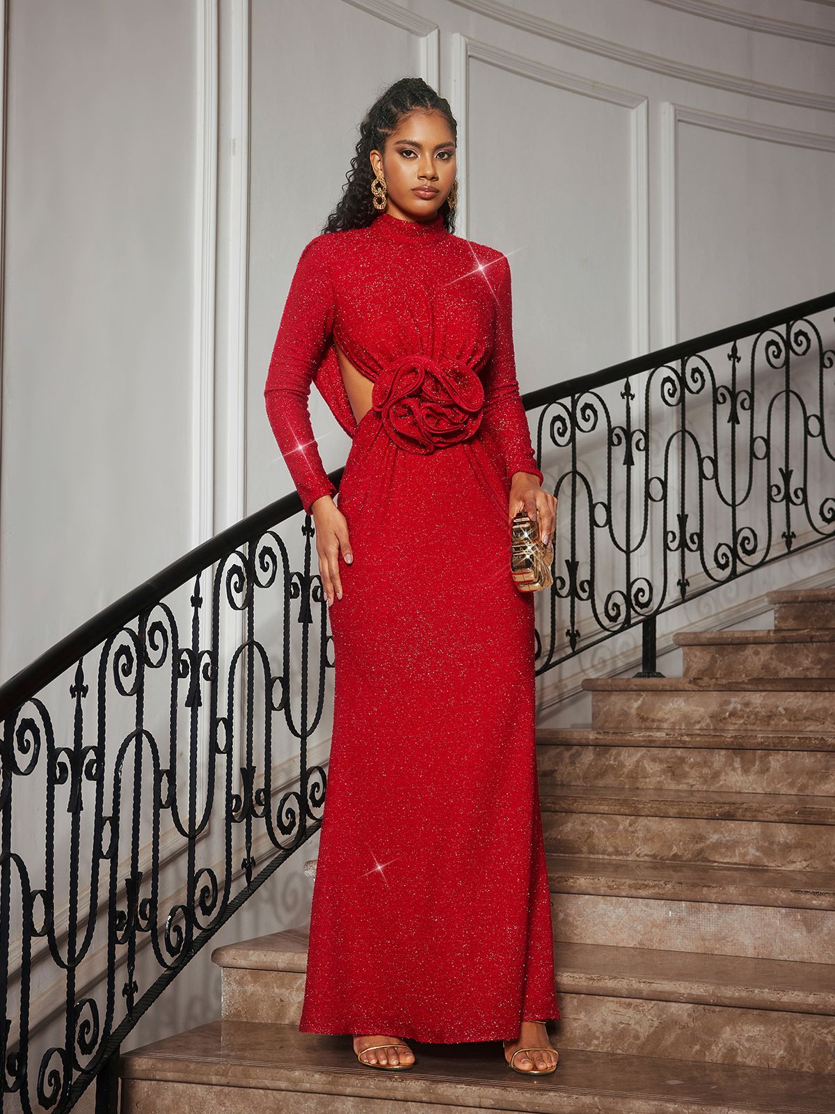 Renwick Uzun Kollu Simli Çiçek Kesik Elbise