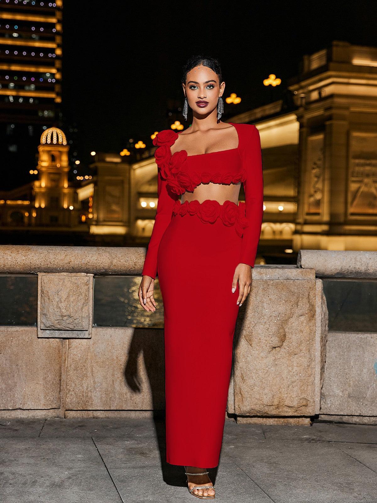 Kırmızı Rufus Çiçek Bandaj Etek Seti