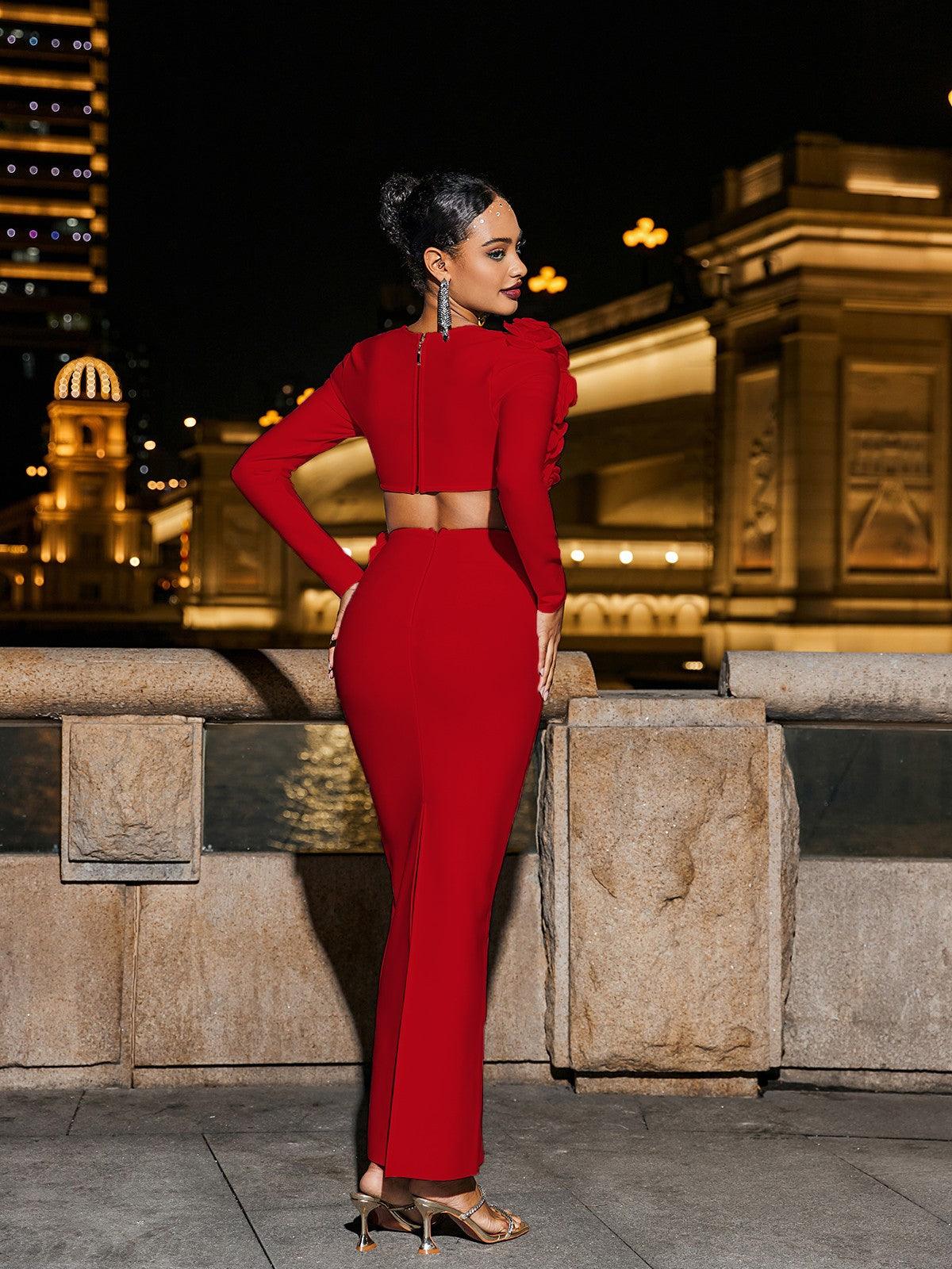 Kırmızı Rufus Çiçek Bandaj Etek Seti