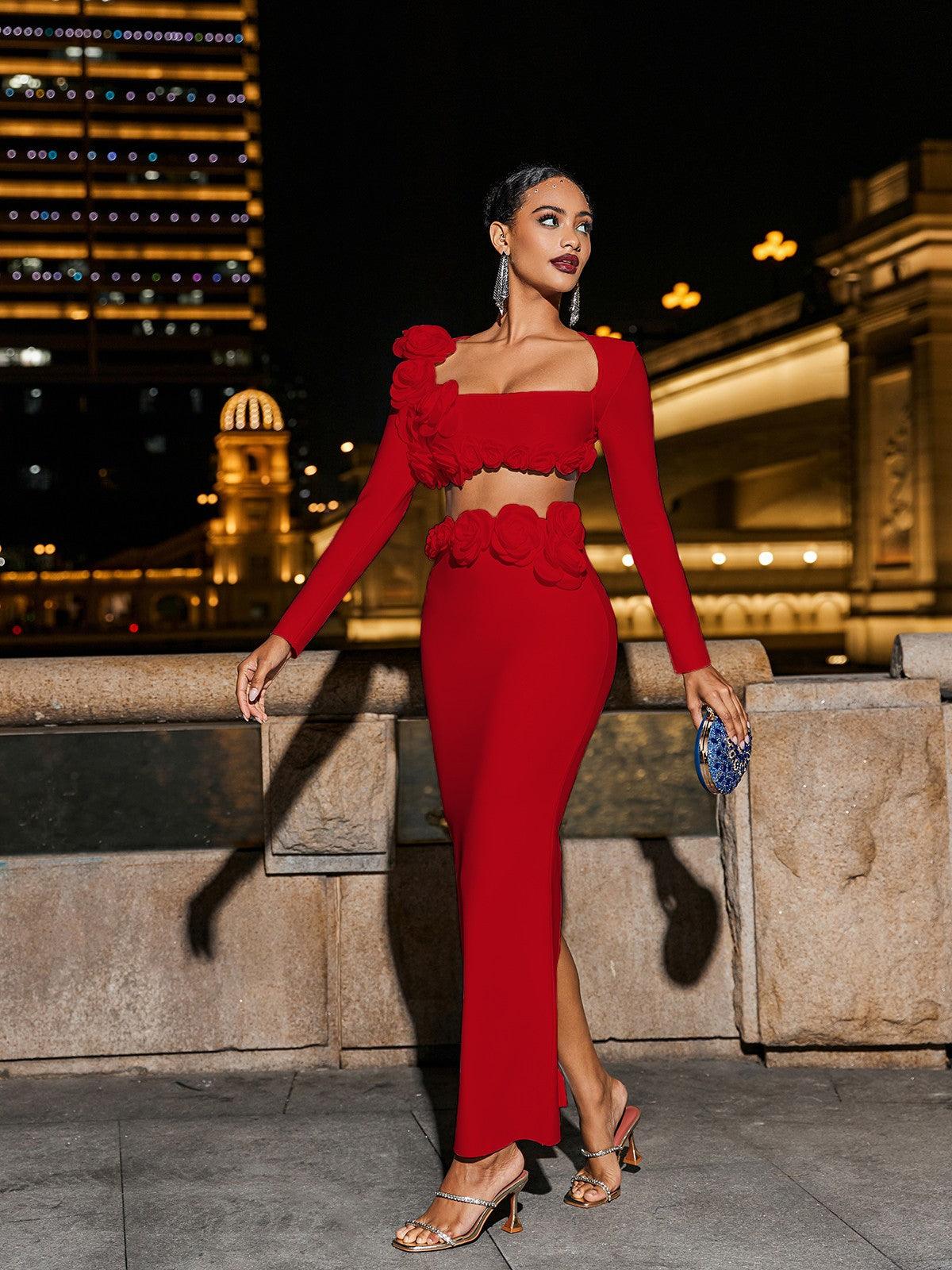 Kırmızı Rufus Çiçek Bandaj Etek Seti