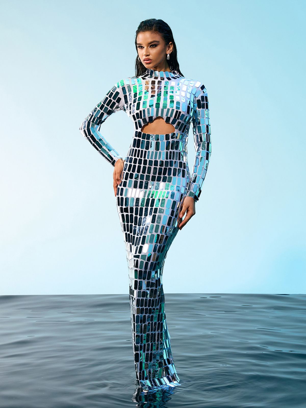 Rumi Akrilik Süslemeli Kesik Maxi Elbise