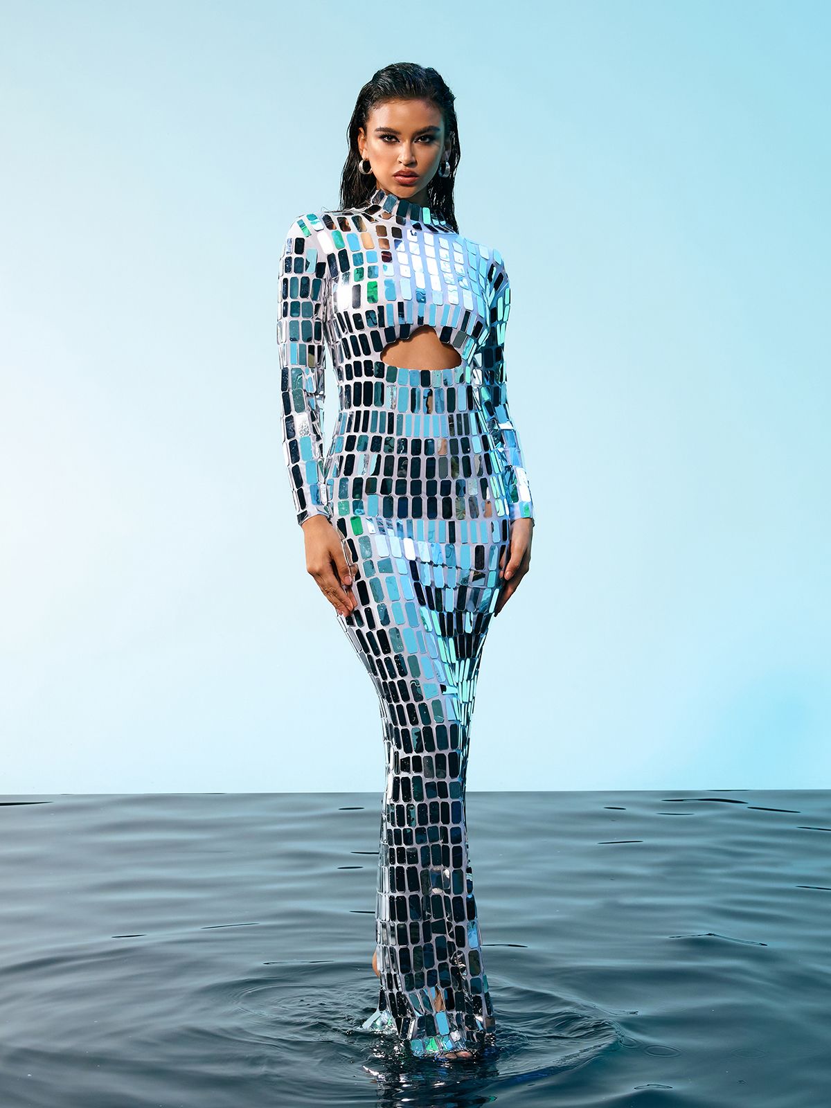 Rumi Akrilik Süslemeli Kesik Maxi Elbise