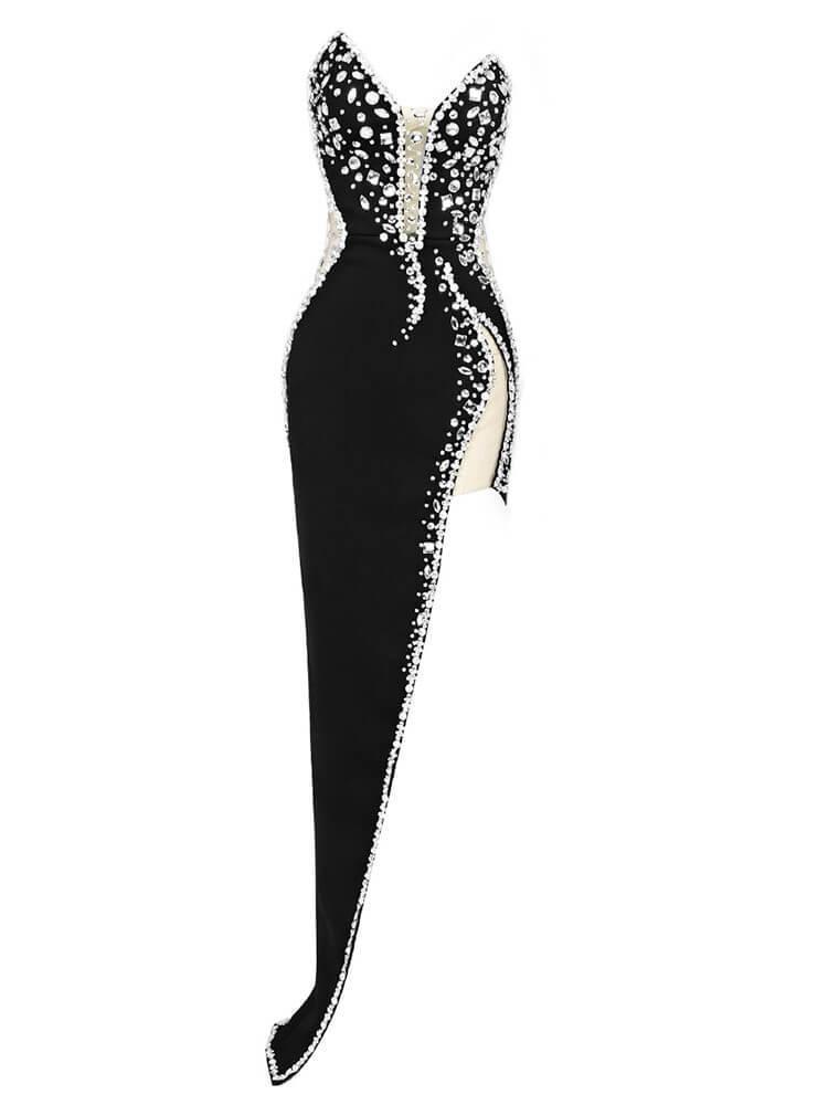 Siyah Sabine Straplez Süslemeli Bandaj Elbise