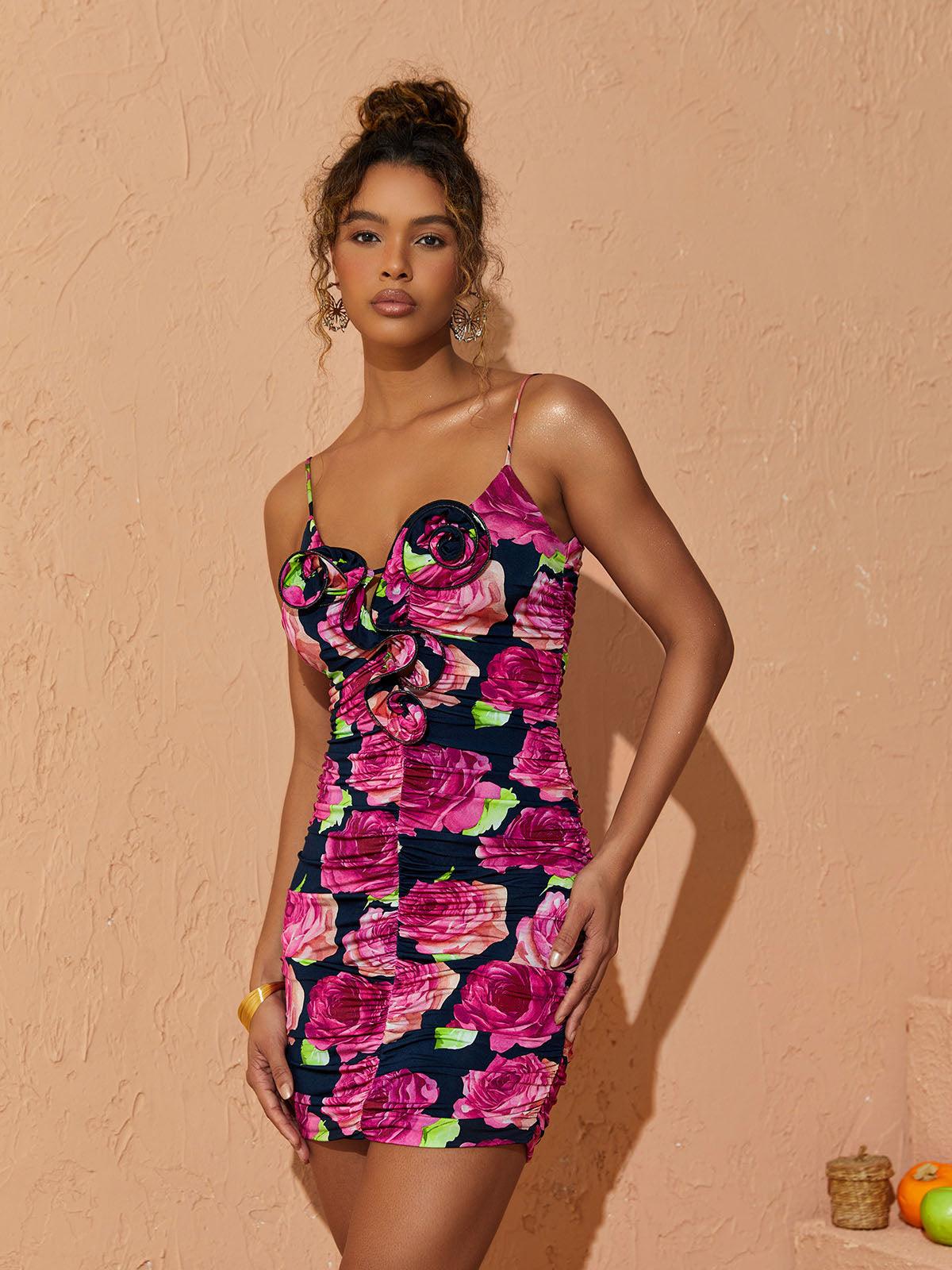 Sachi Gül Desenli Fırfırlı Mini Elbise