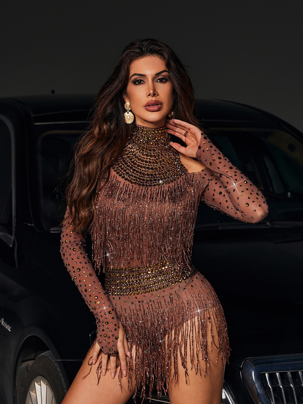 Safa Rhinestone Işıltılı Franjeli Bodysuit