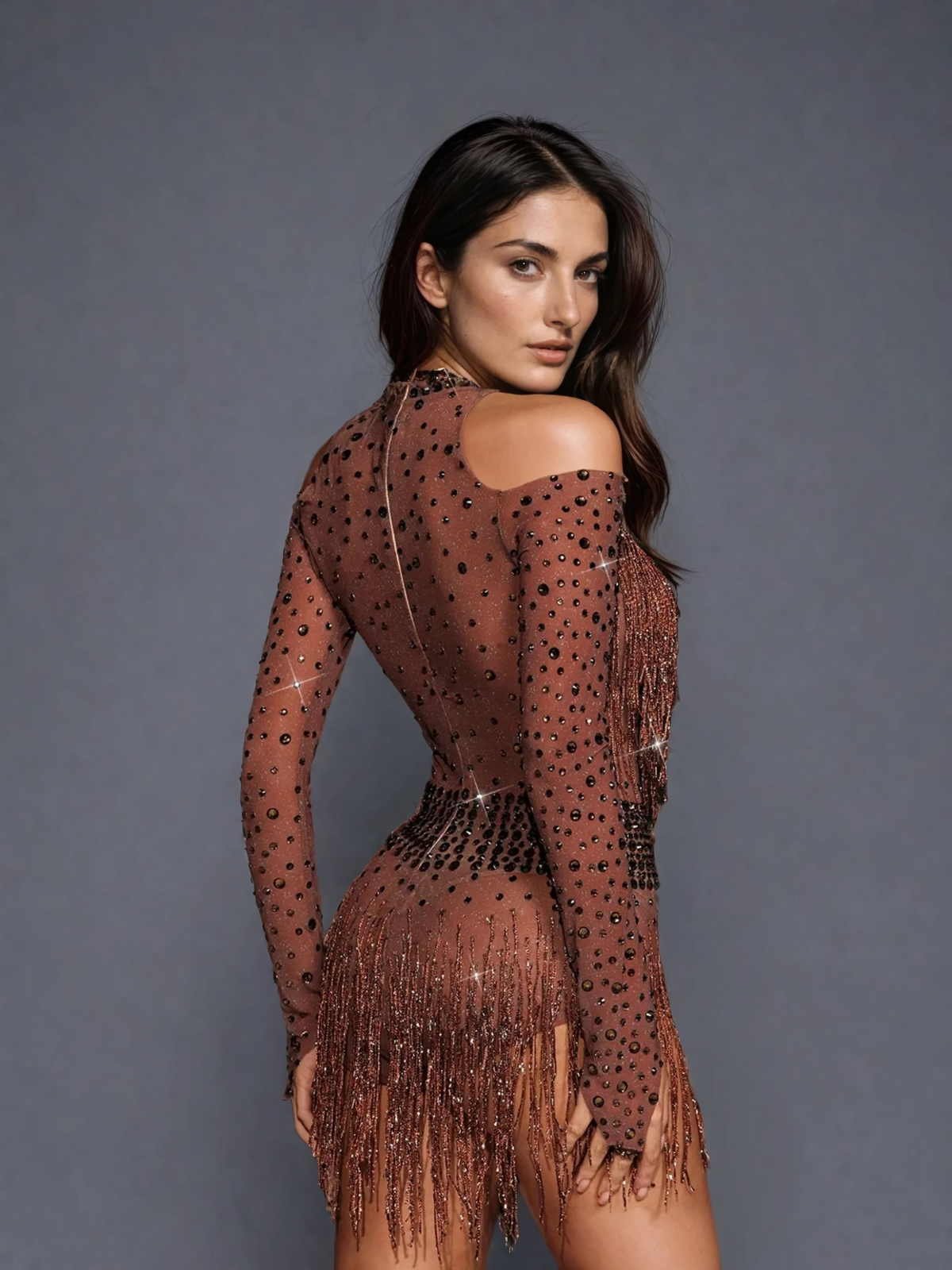 Safa Rhinestone Parlak Franjeli Bodysuit