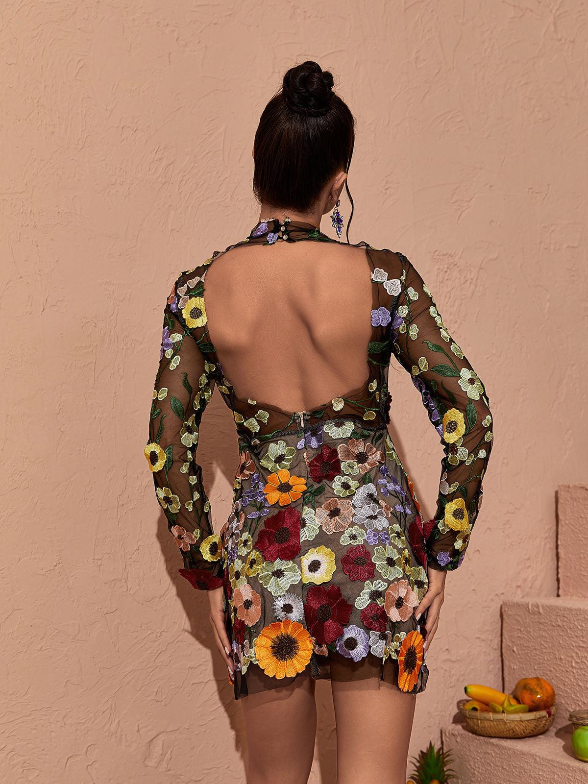 Saige Uzun Kollu File Çiçek Mini Elbise Siyah