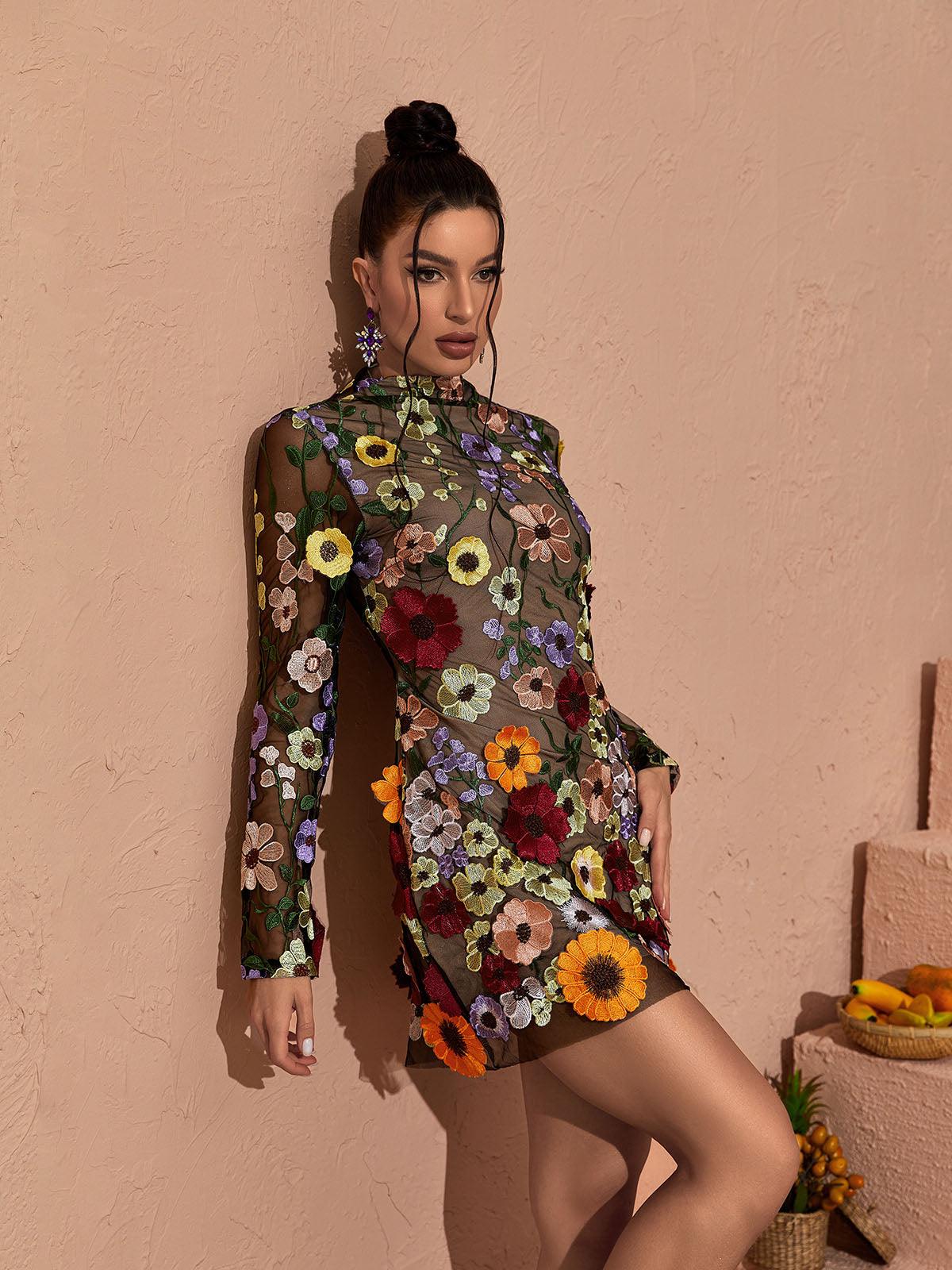 Saige Uzun Kollu File Çiçek Mini Elbise Siyah