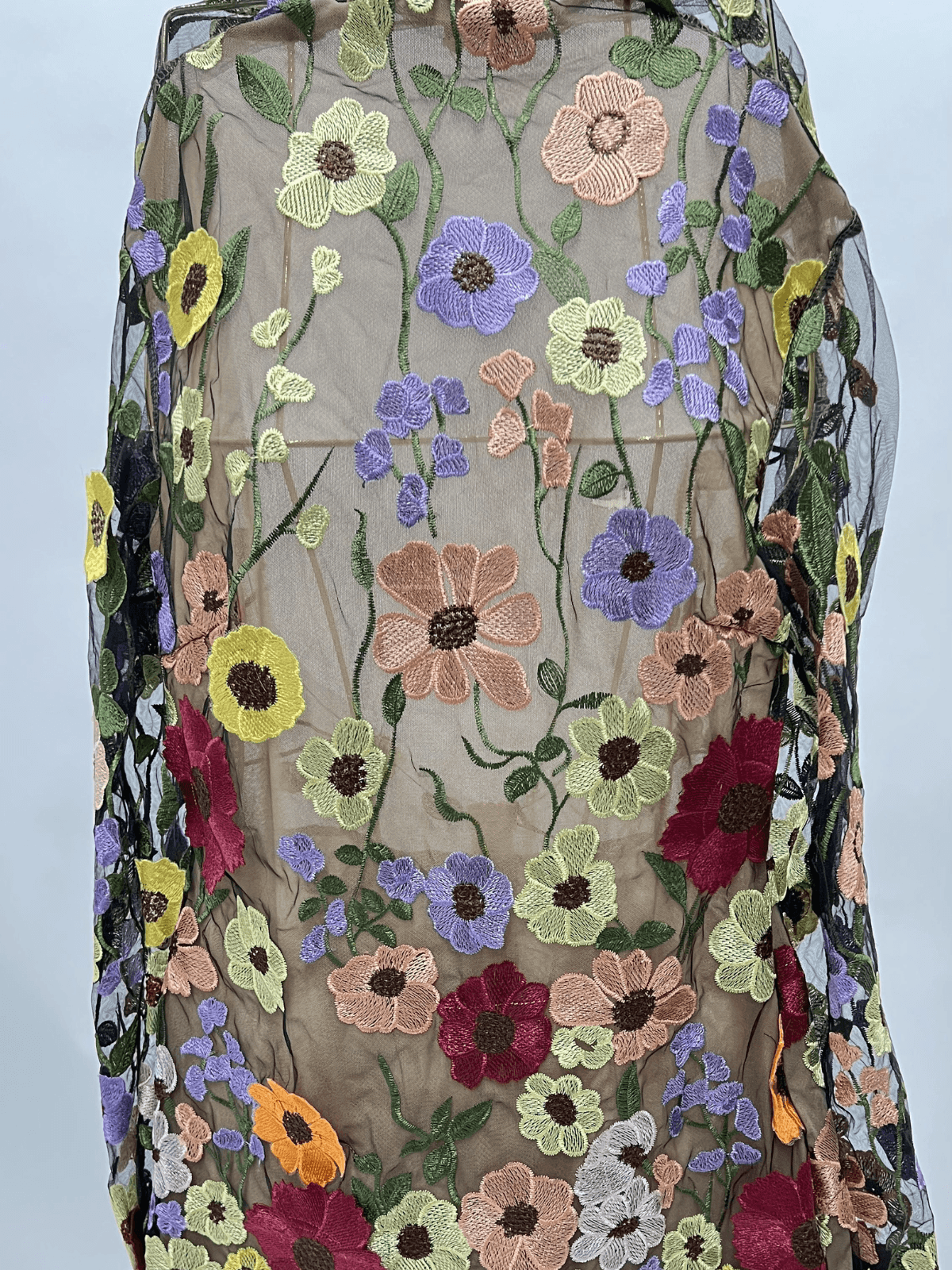 Saige Uzun Kollu File Çiçek Mini Elbise Siyah