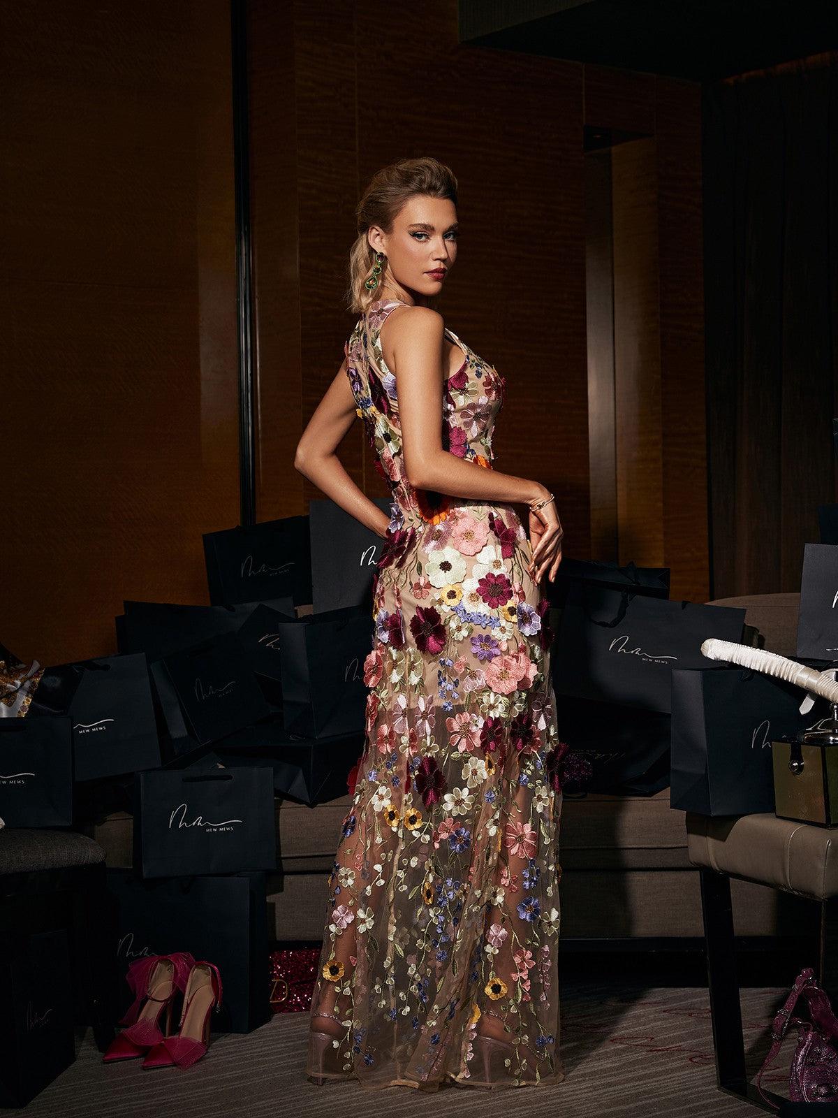 Saige Kolsuz File Çiçek Maxi Elbise - Pembe