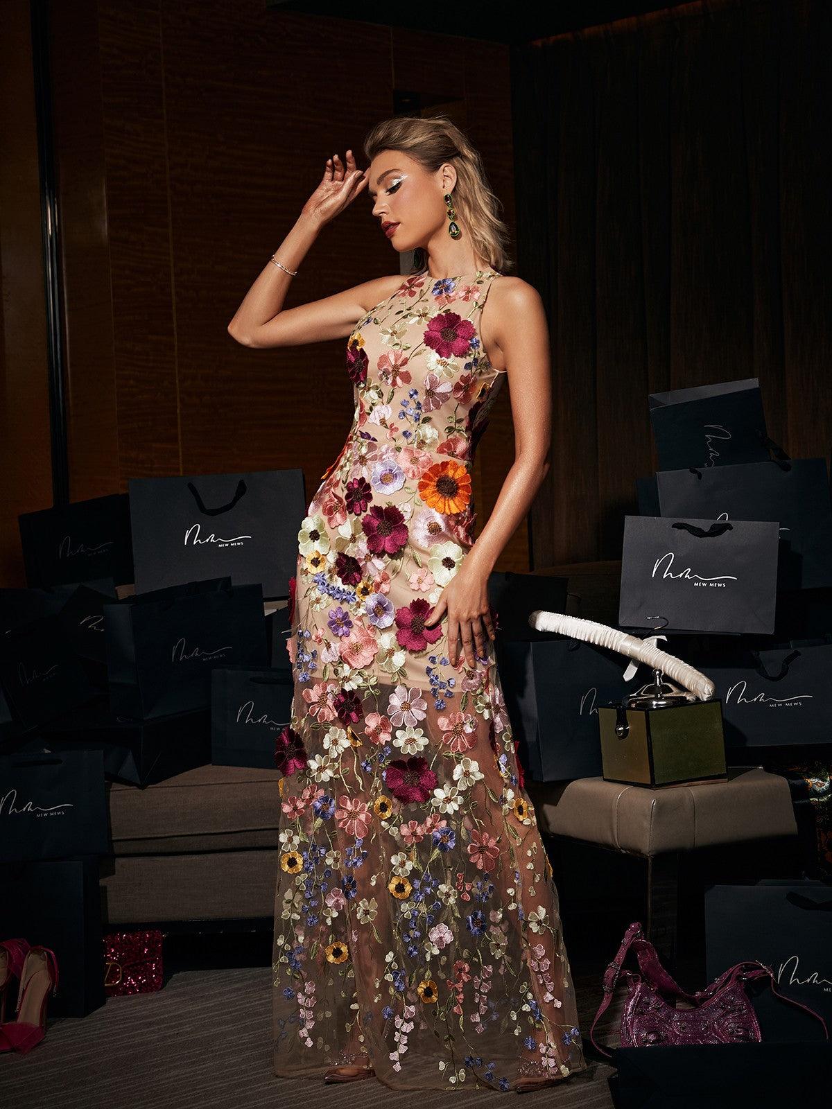 Saige Kolsuz File Çiçek Maxi Elbise - Pembe