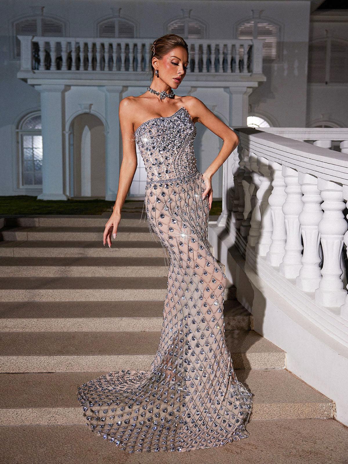 Sean Straplez Rhinestone File Maxi Elbise