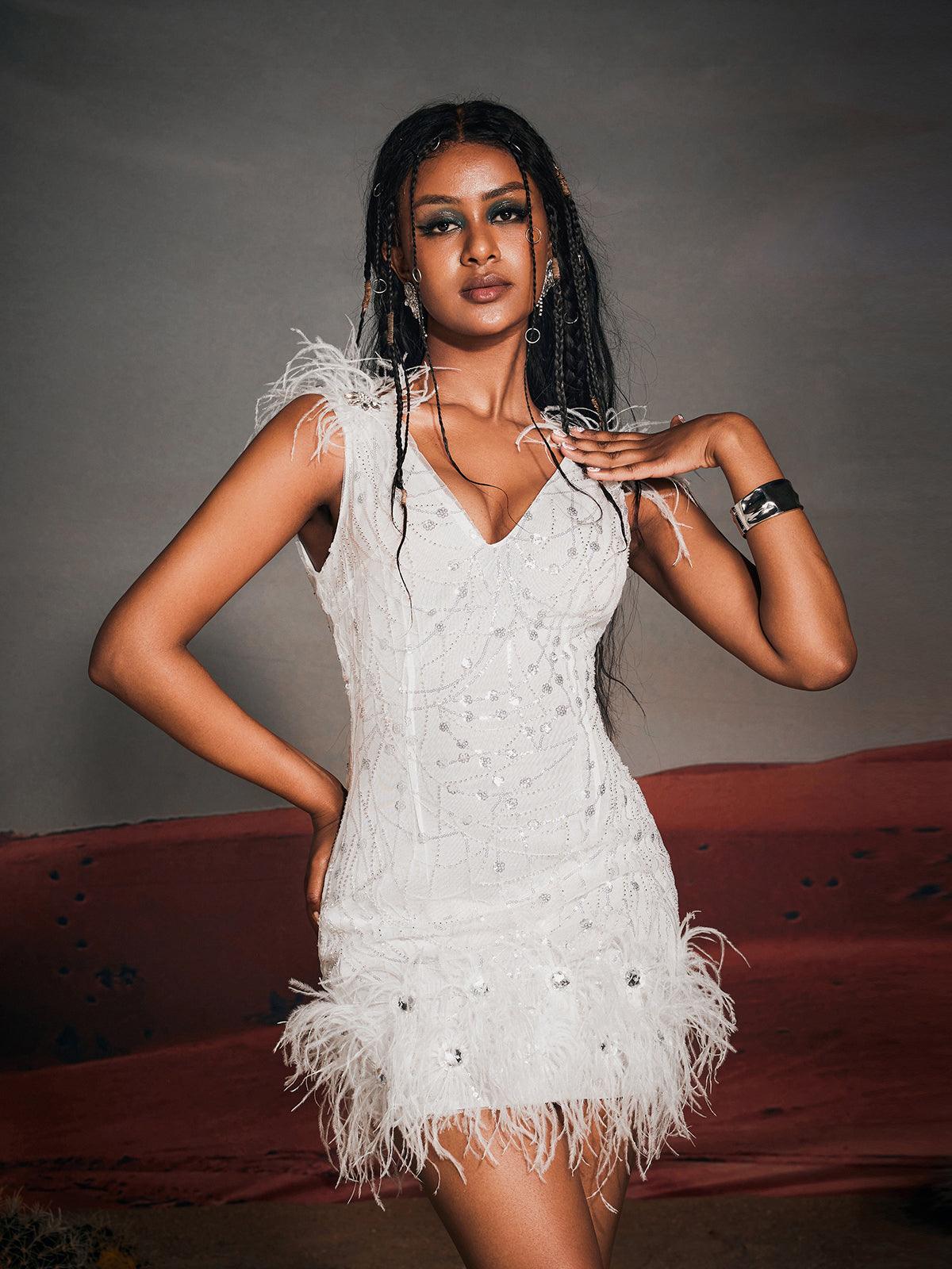 Shaquille Pırıltılı Tüy Mini Elbise