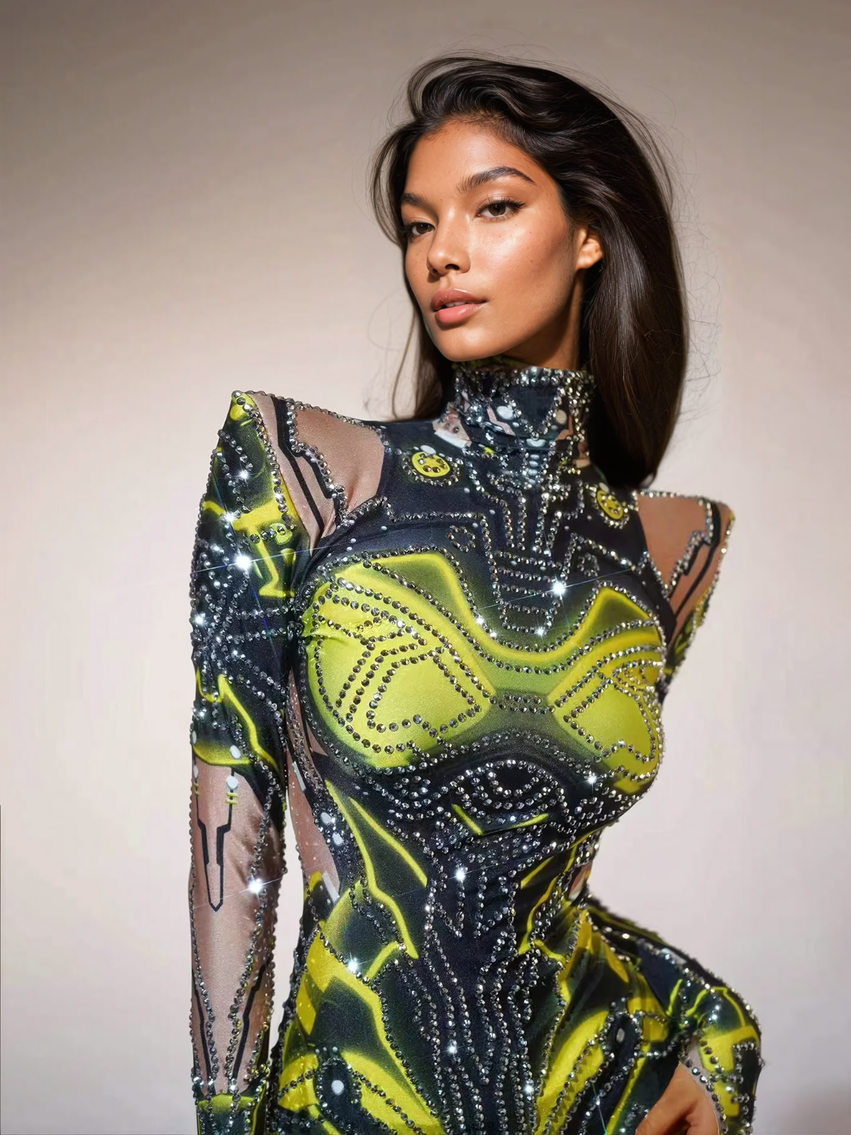 Shatoya Uzun Kollu Rhinestone Baskılı Bodysuit