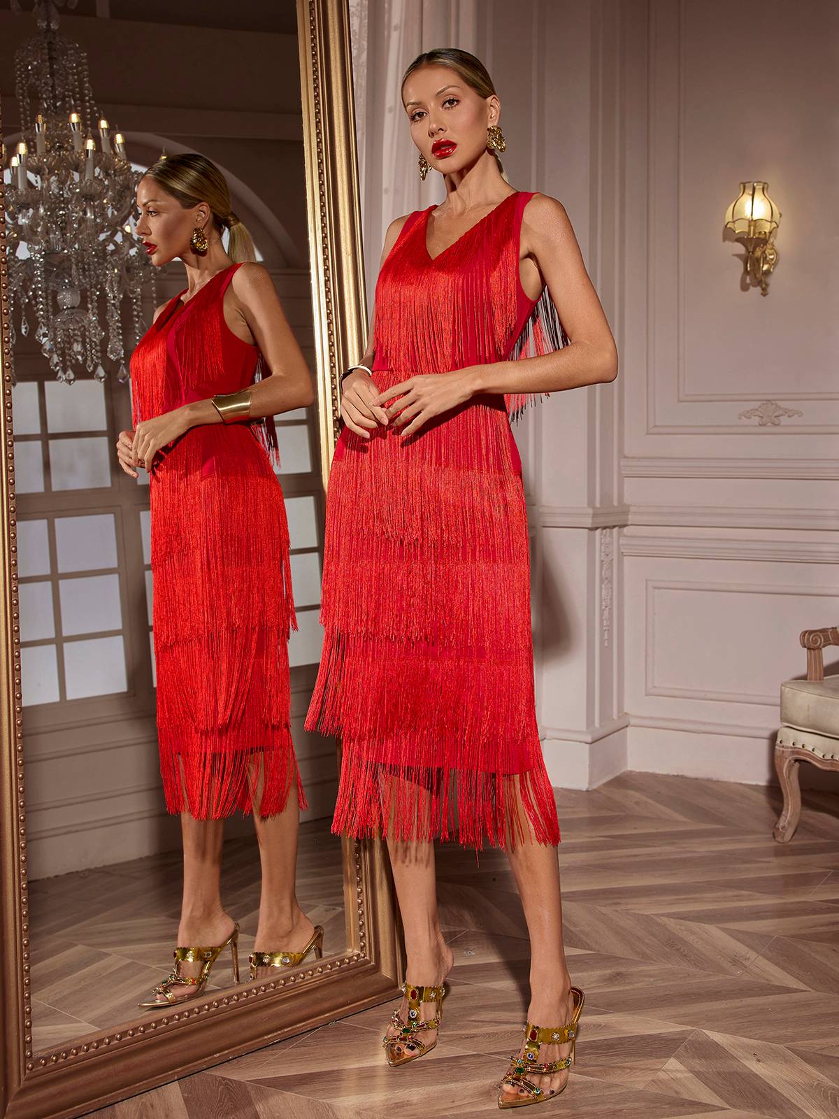 Sheadon V Yaka Fringe Midi Elbise