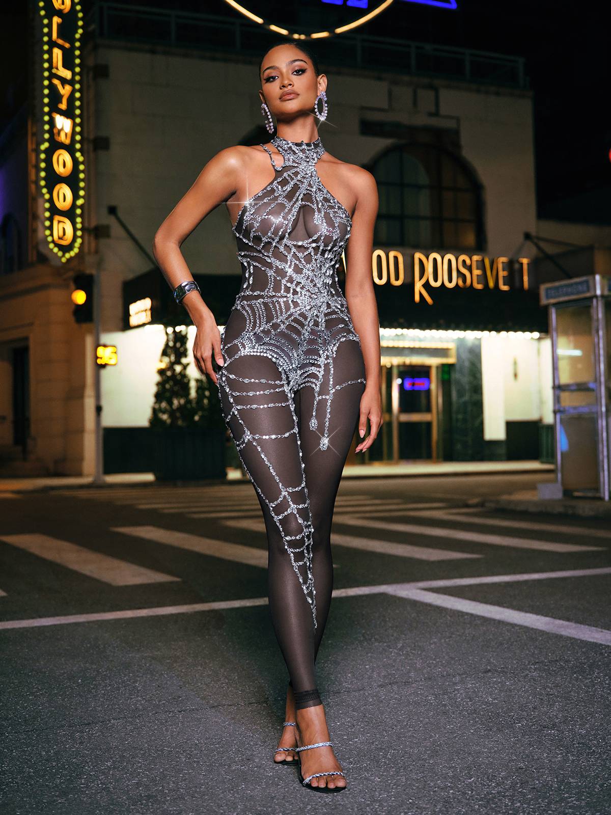 Siesen Kesik Ağ Rhinestone Ağı Mesh Tulum Siyah