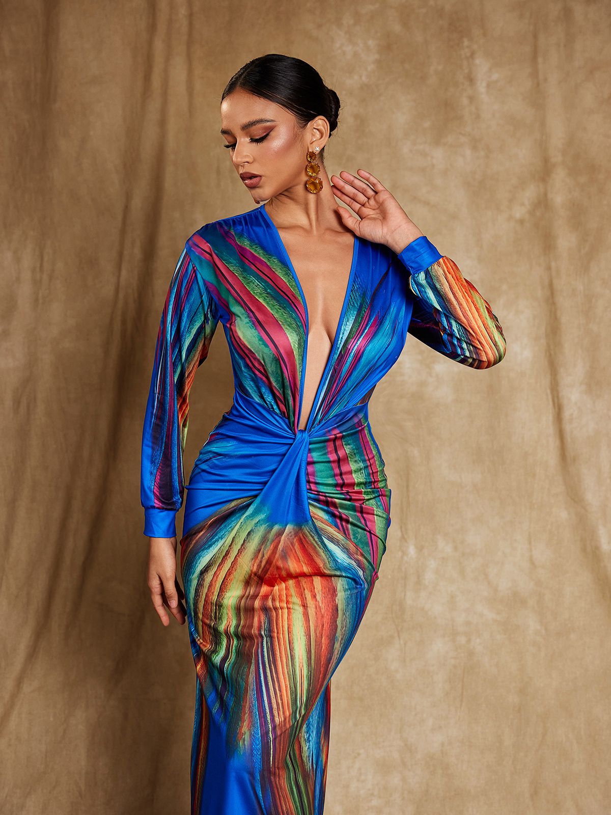 Suzanne V Yaka Desenli Saten Midi Elbise