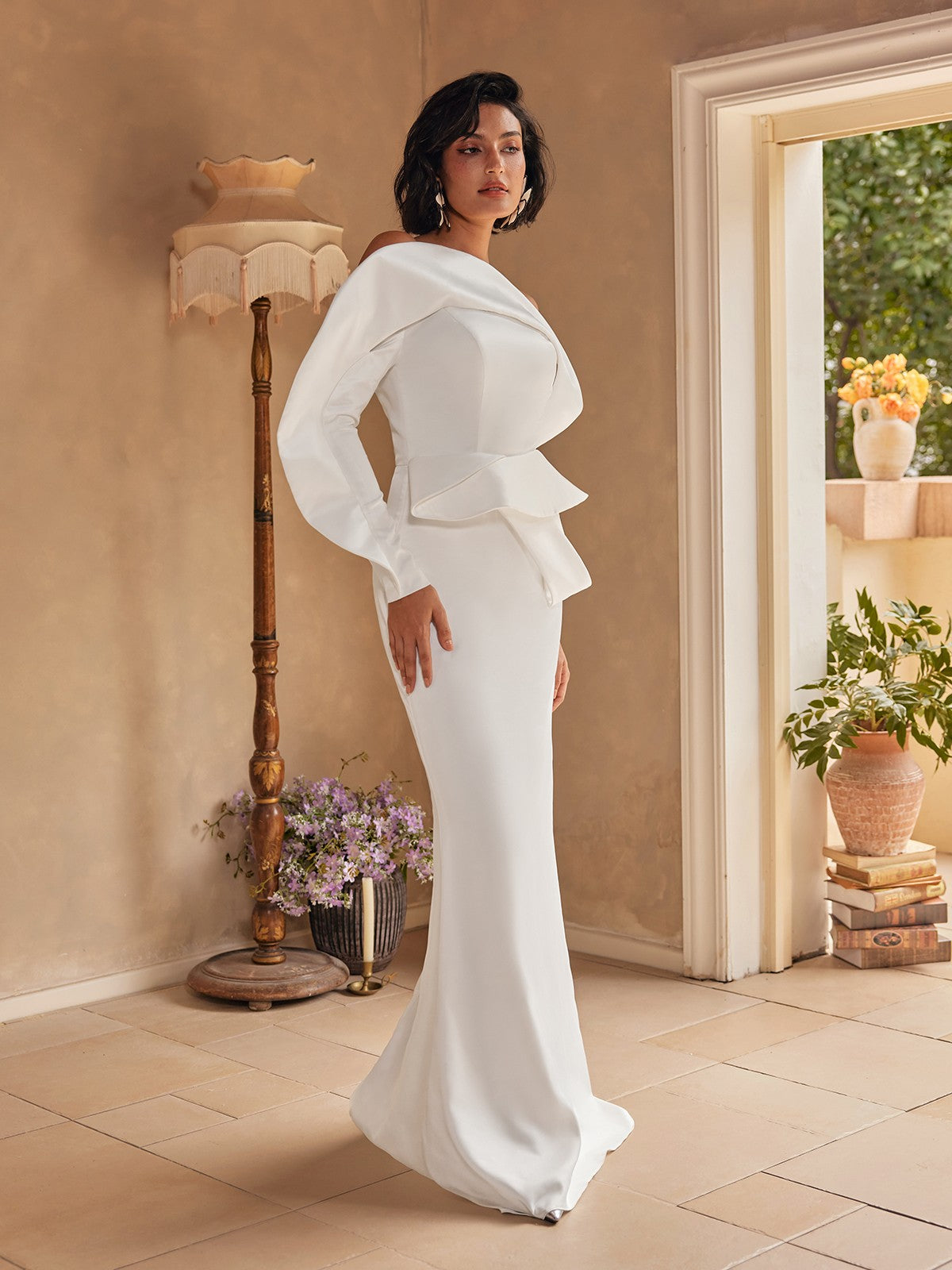 Sylwia Tek Omuz Saten Maxi Elbise