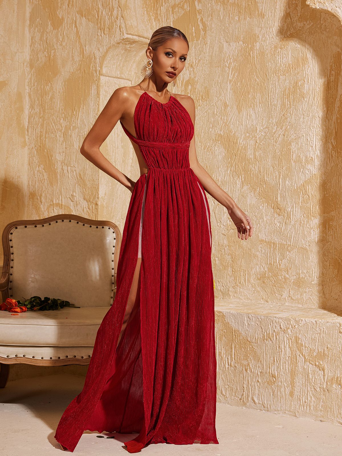 Tahlia Sırt Açık Işıltılı Drapeli Maxi Elbise