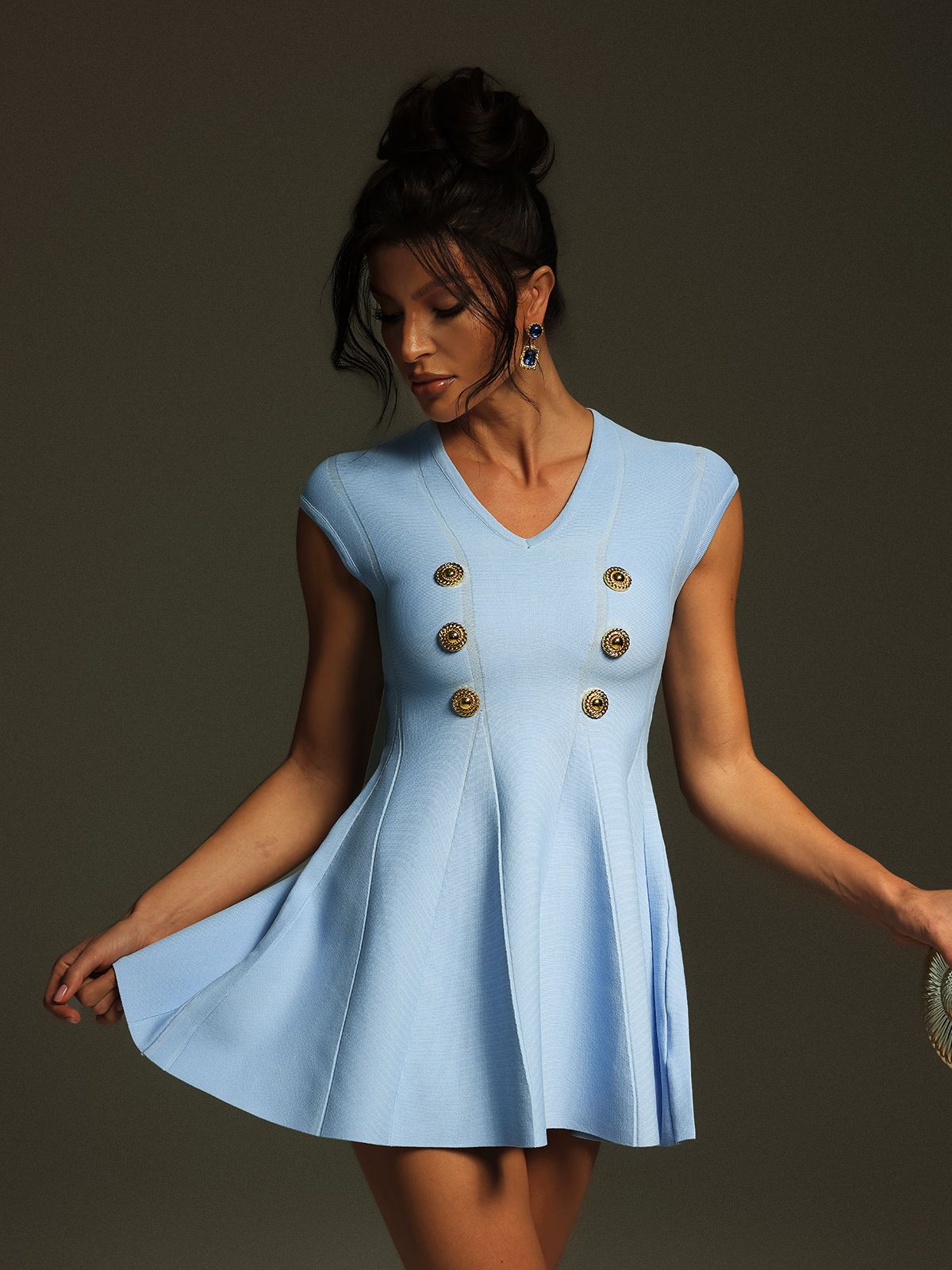 Tameron V Yaka Düğmeli Triko Mini Elbise Mavi