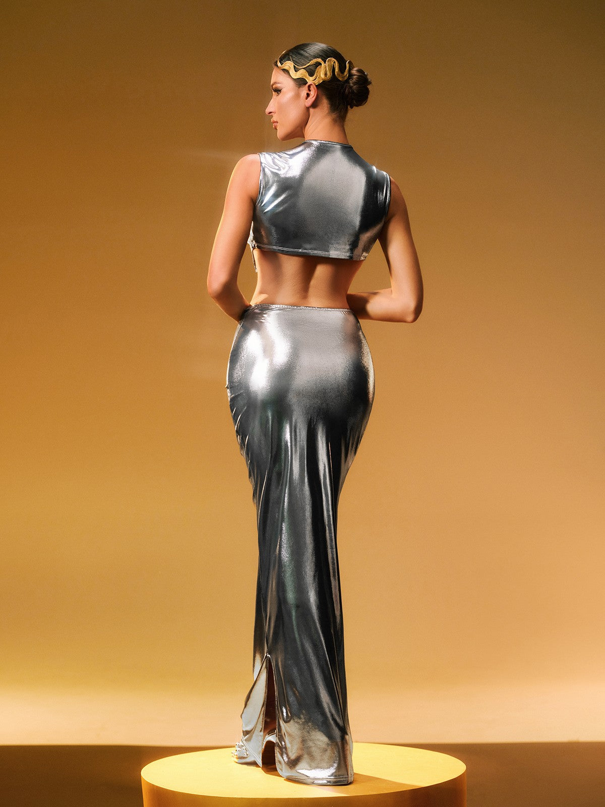 Taralynn Ruffle Ruched Metalik Etek Seti Gümüş