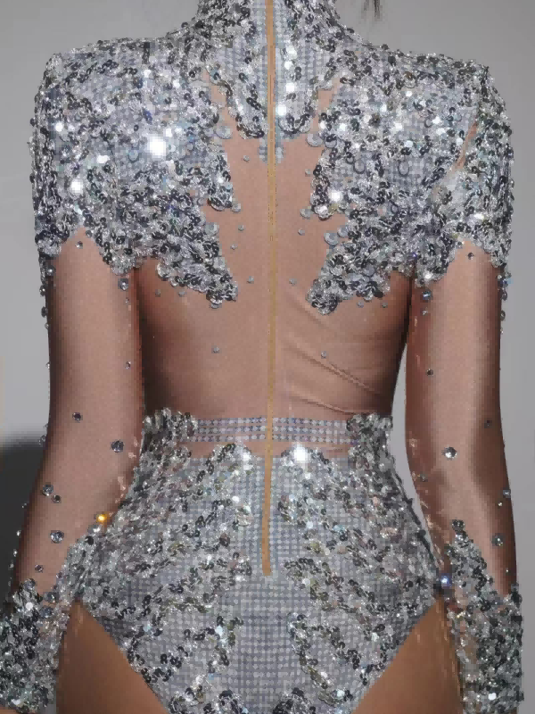 Thalorian Yüksek Yaka Sıralı Bodysuit Gümüş