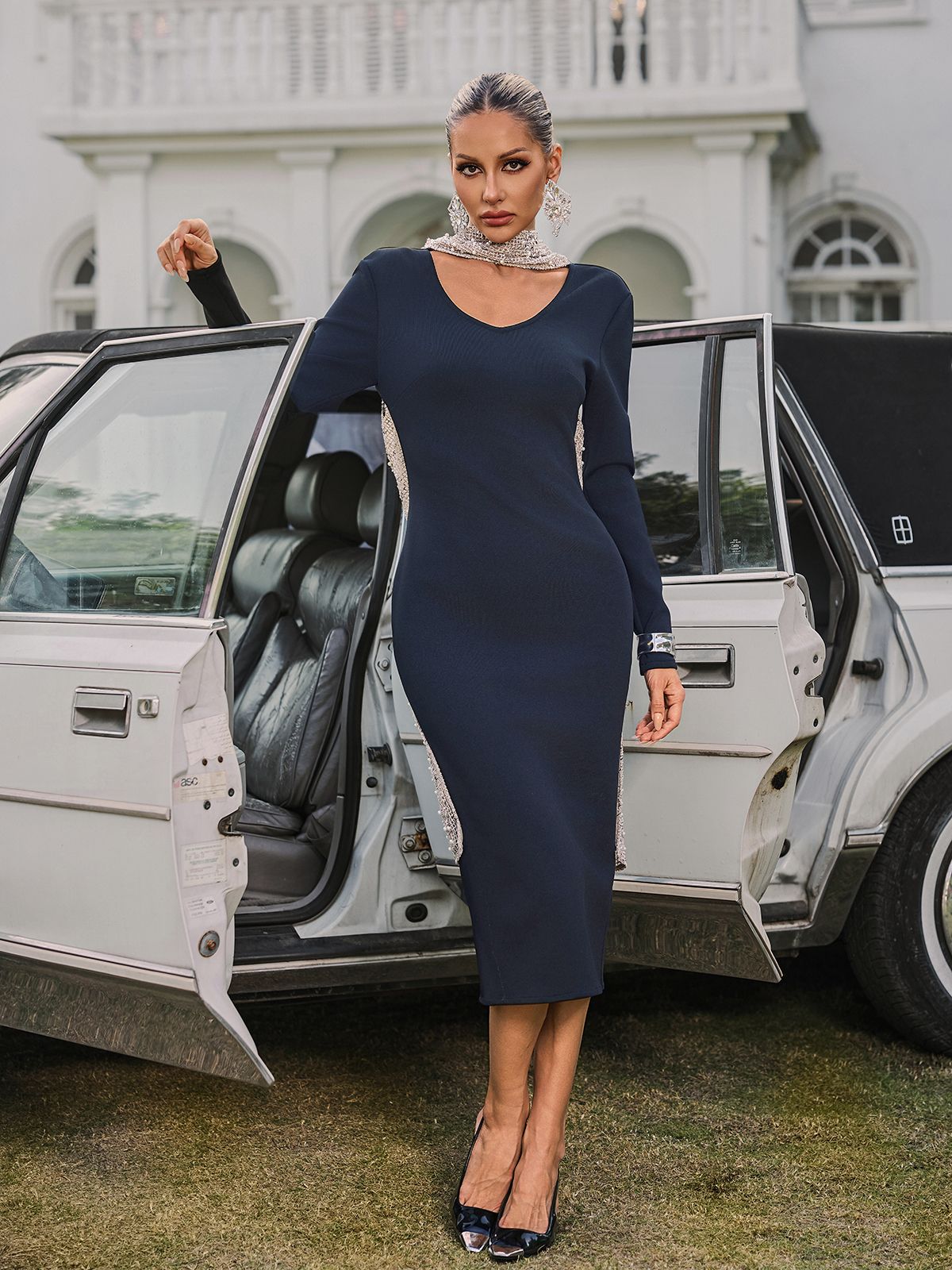 Thalyss Sırtı Açık İnci Bandaj Midi Elbise