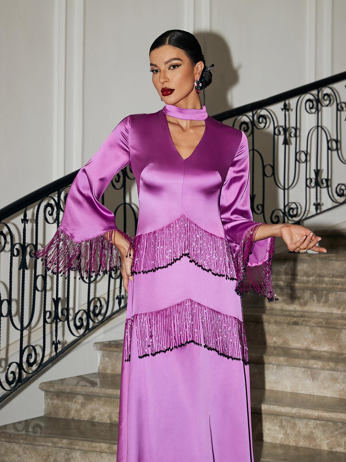 Thandie Işıltılı Fringes Saten Elbise