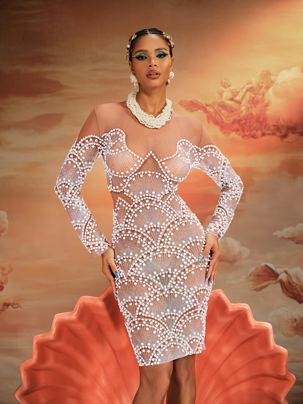 Theobald Uzun Kollu İnci File Mini Elbise