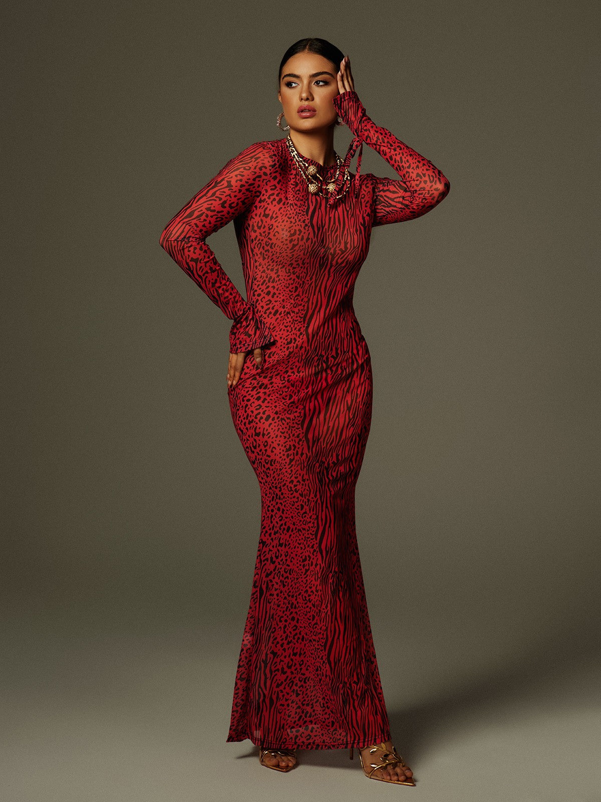 Theophilus Uzun Kollu Sırtı Açık Leopar Maxi Elbise