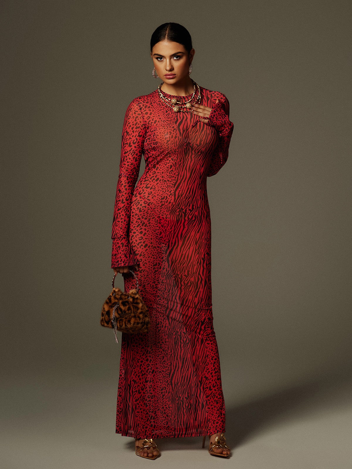 Theophilus Uzun Kollu Sırtı Açık Leopar Maxi Elbise